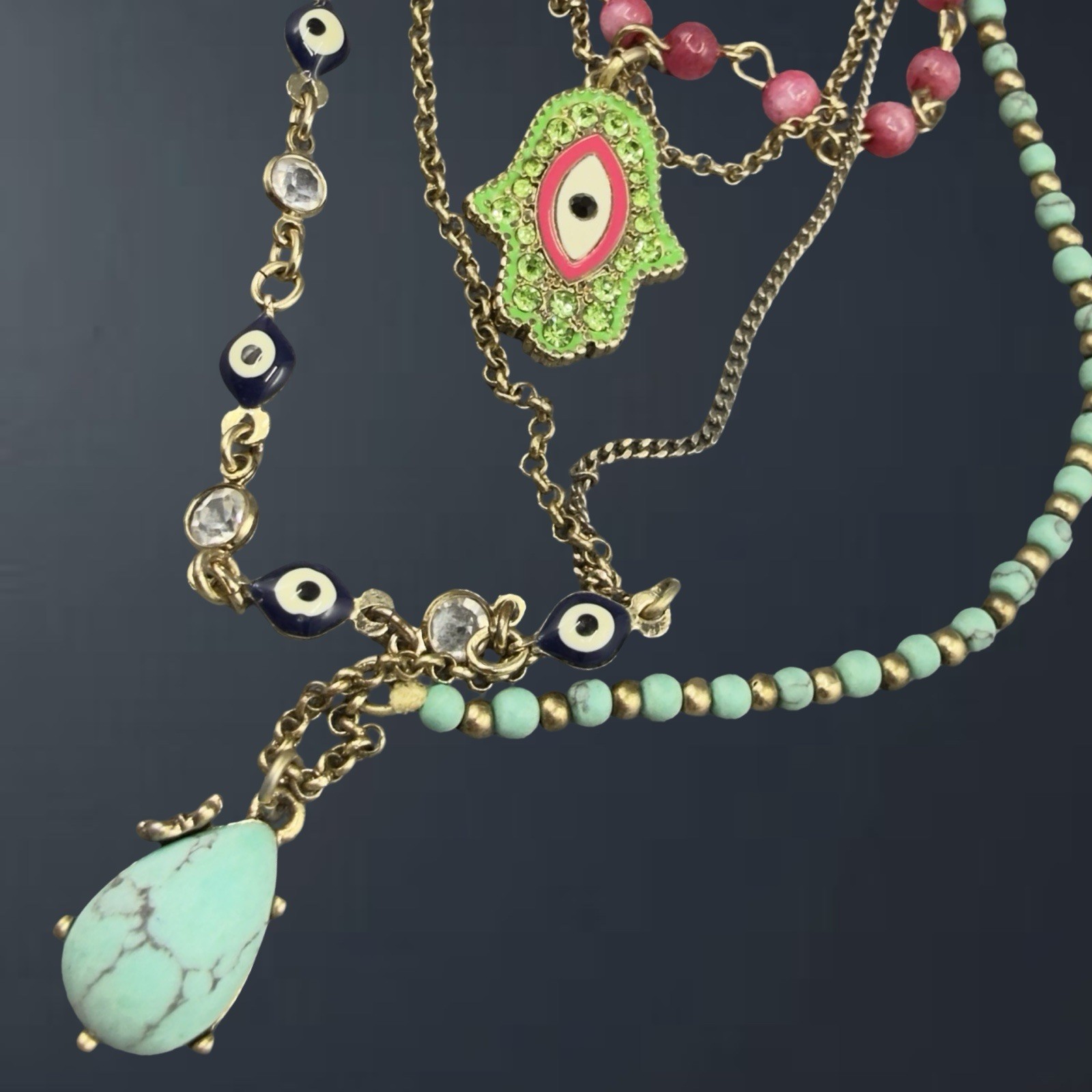 RETIRED Betsey Johnson 🎀 RHINESTONE Evil Eye Hamsa Layered Necklace Turquoise