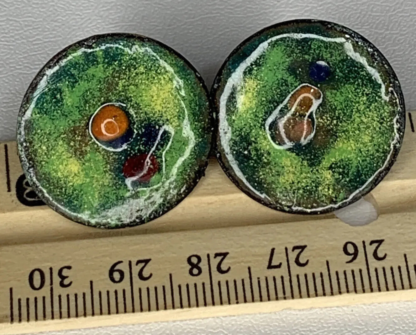 Vtg Estate MCM Earrings Enamel on Copper Screw On Round Discs Earthtones
