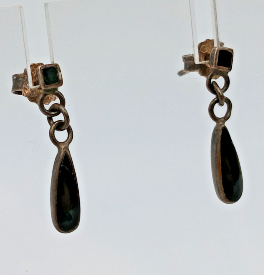 VTG 925 CW Black Onyx Dangle Earrings 0.75in Sterling Silver 1.3gtw Teardrop