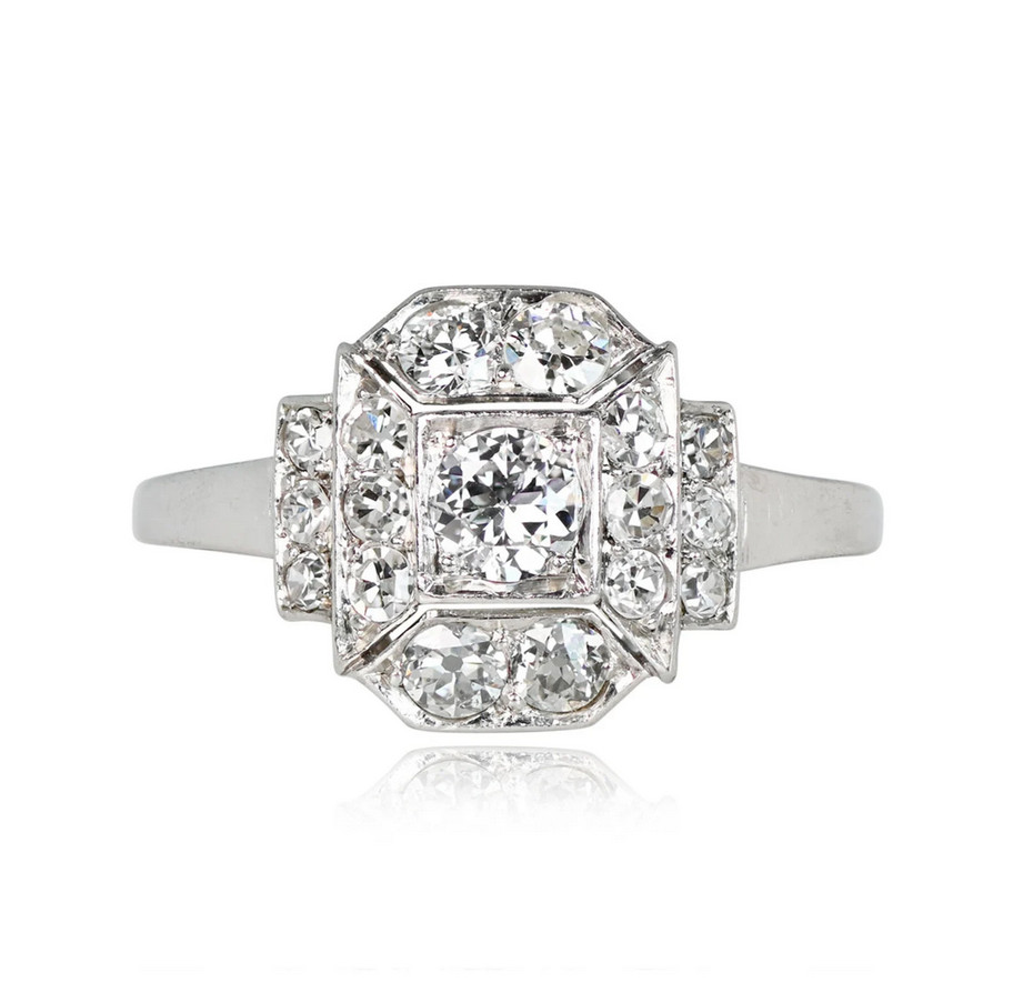 Art Deco Style Circa 1930 Lab Created Diamond Halo 925 Silver Engagement Ring