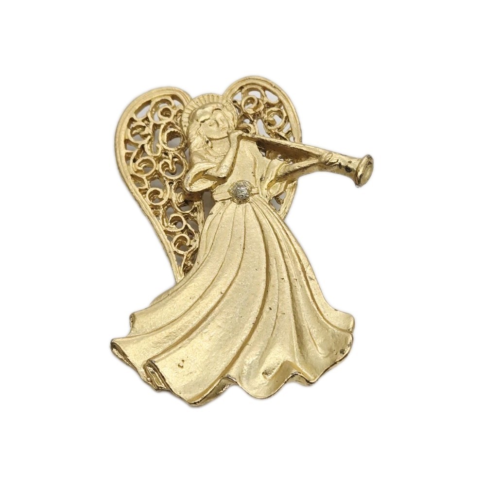 Angel Brooch Gold Tone Guardian Pin playing Horn Victorian Vintage 2 in