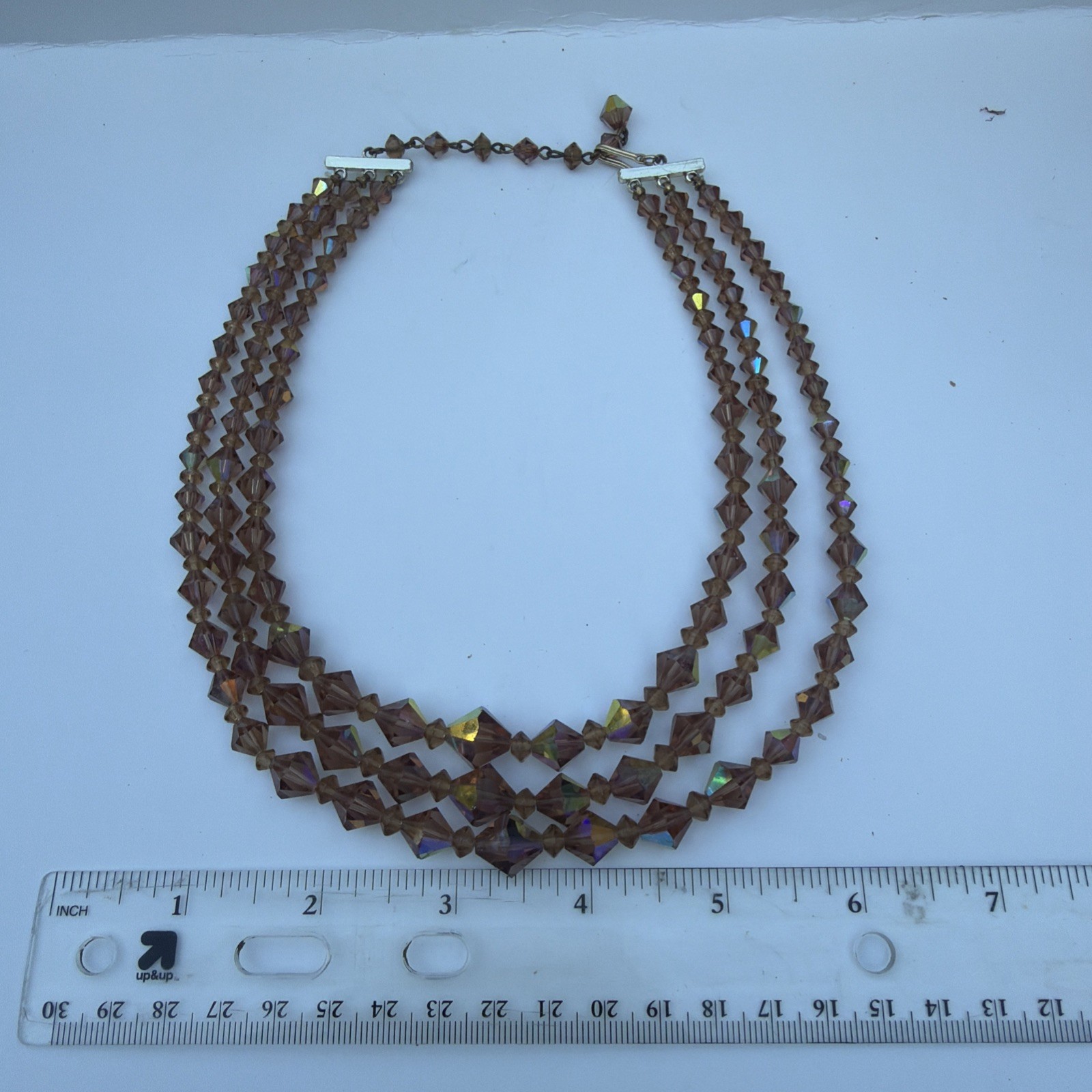 Vintage Graduated Iridescent Three Strand Champagne Bicone Crystal Bead Necklace