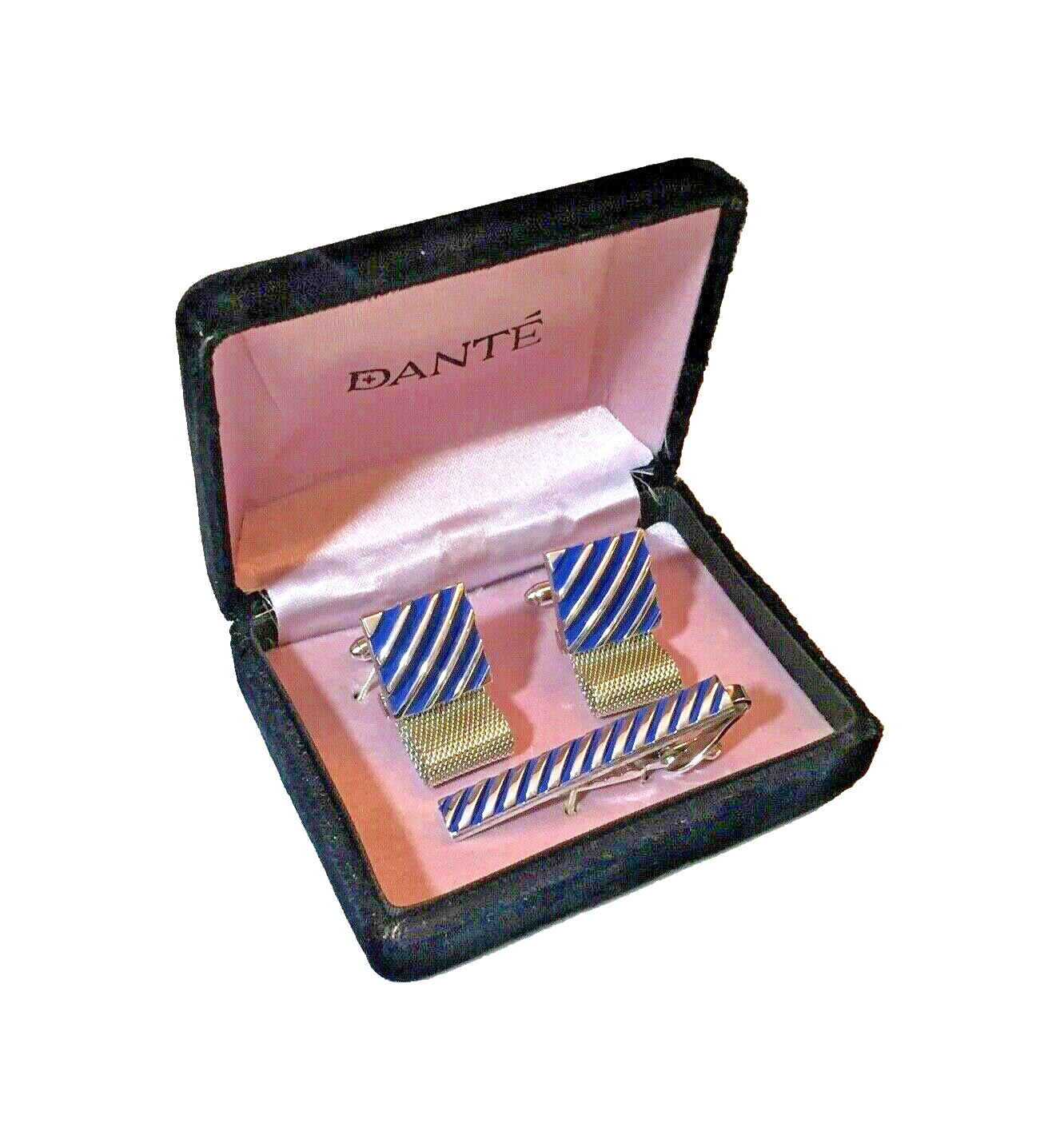 MCM Dante Cuff Links & Tie Clip Set Mesh Wrap Blue Enamel Stripe Wedding Formal