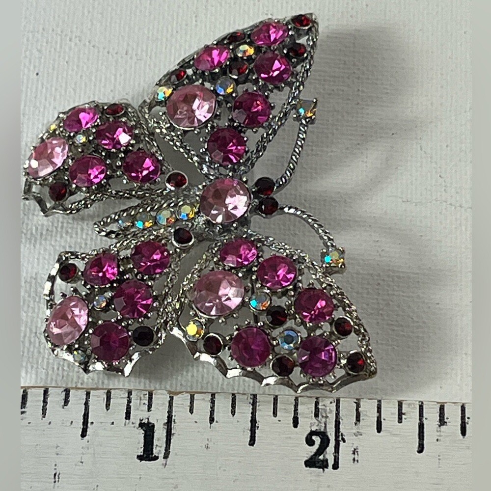 Elegant Pink Butterfly Brooch Pin Multi-colored Rhinestones Approximately 2” Vtg