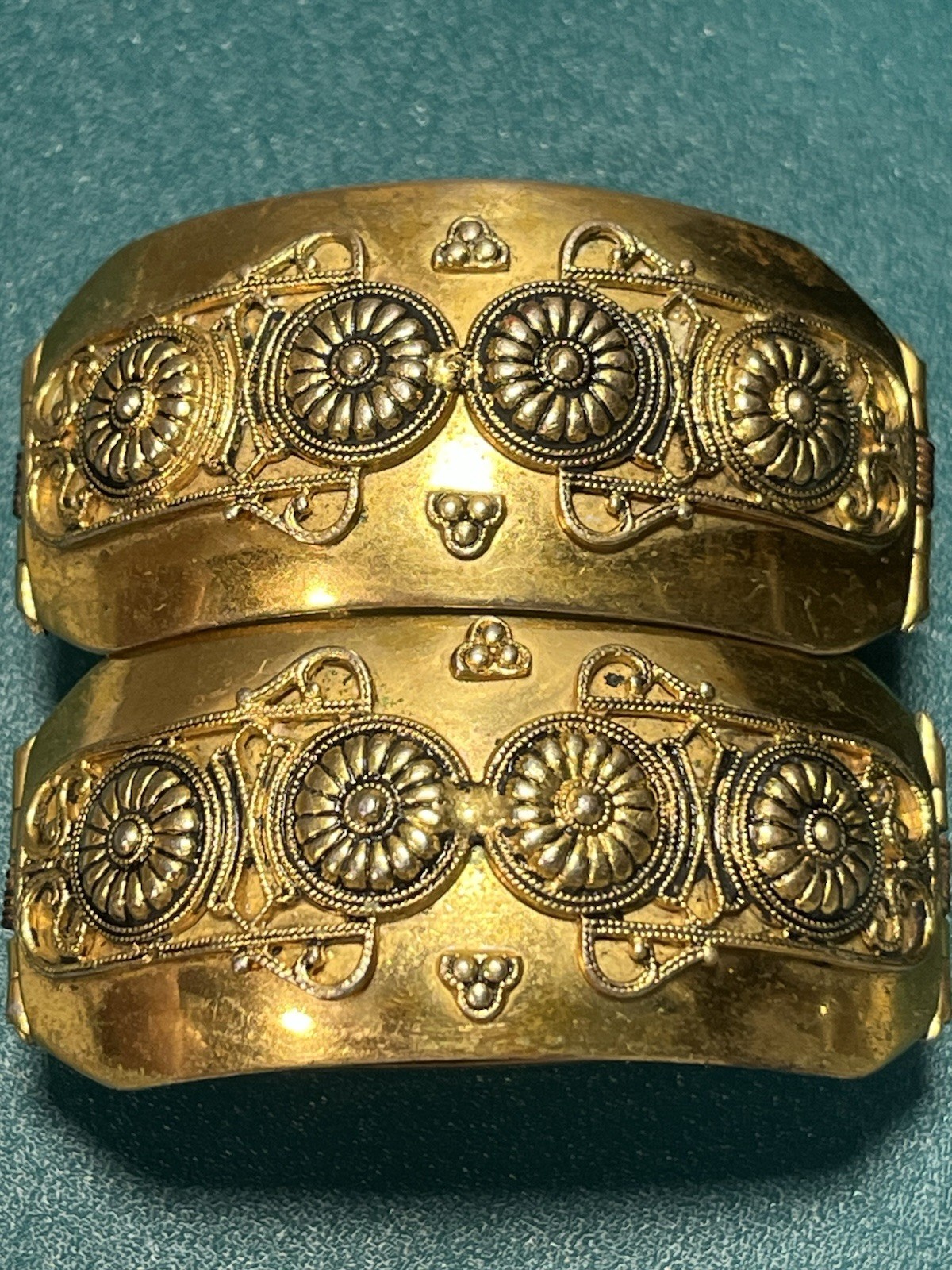 Vintage Etruscan Revival Hinged Cuff Bracelet Pair Gold Tone Cannetille Jewelry