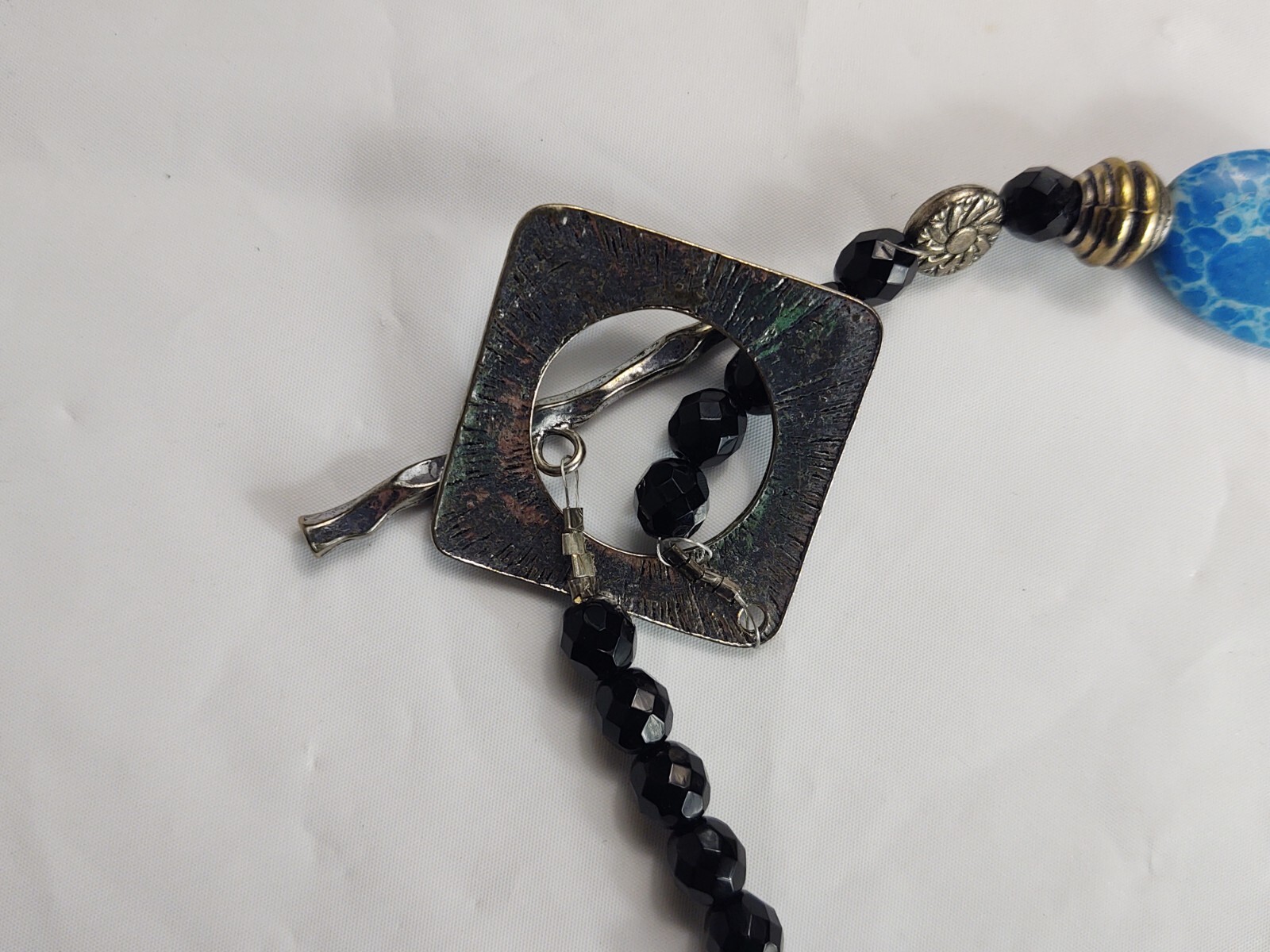 Vtg Beaded Necklace Toggle Closure Blue Black Silver Tone Beads Costume Jewelry