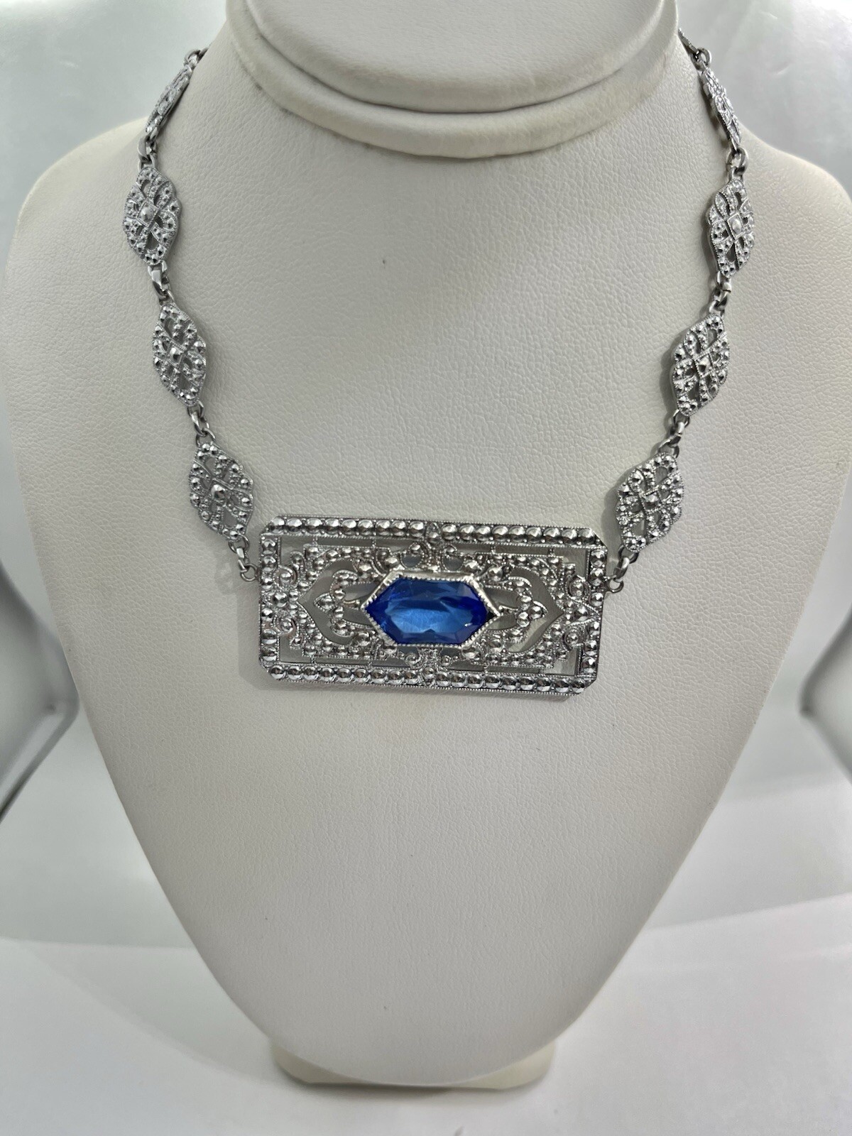 Antique Art Deco Blue Lozenge Shape Plaque Rhodium Plated Sterling Necklace