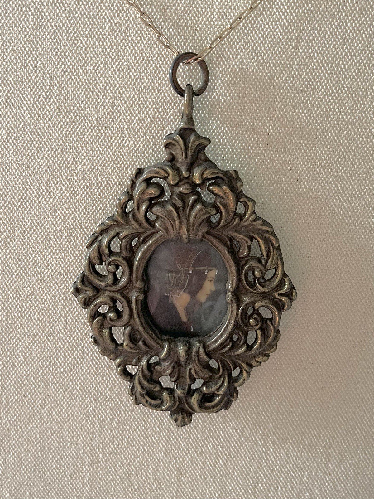 1840 Italian Portrait Pendant ST CECILIA with Harp Enamel Miniature Rome Bronze