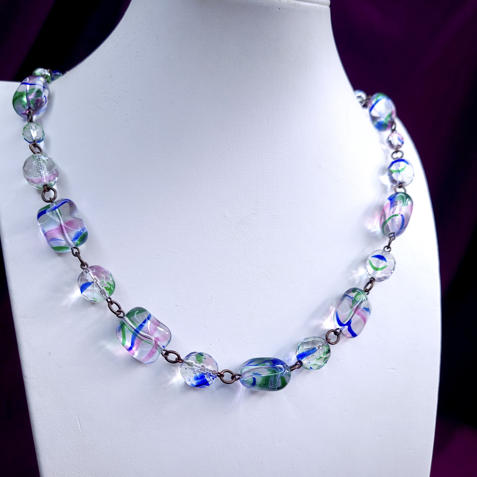 Art Deco Style Iris Glass Necklace 22inch Multicolor Glass Czech Old Beads