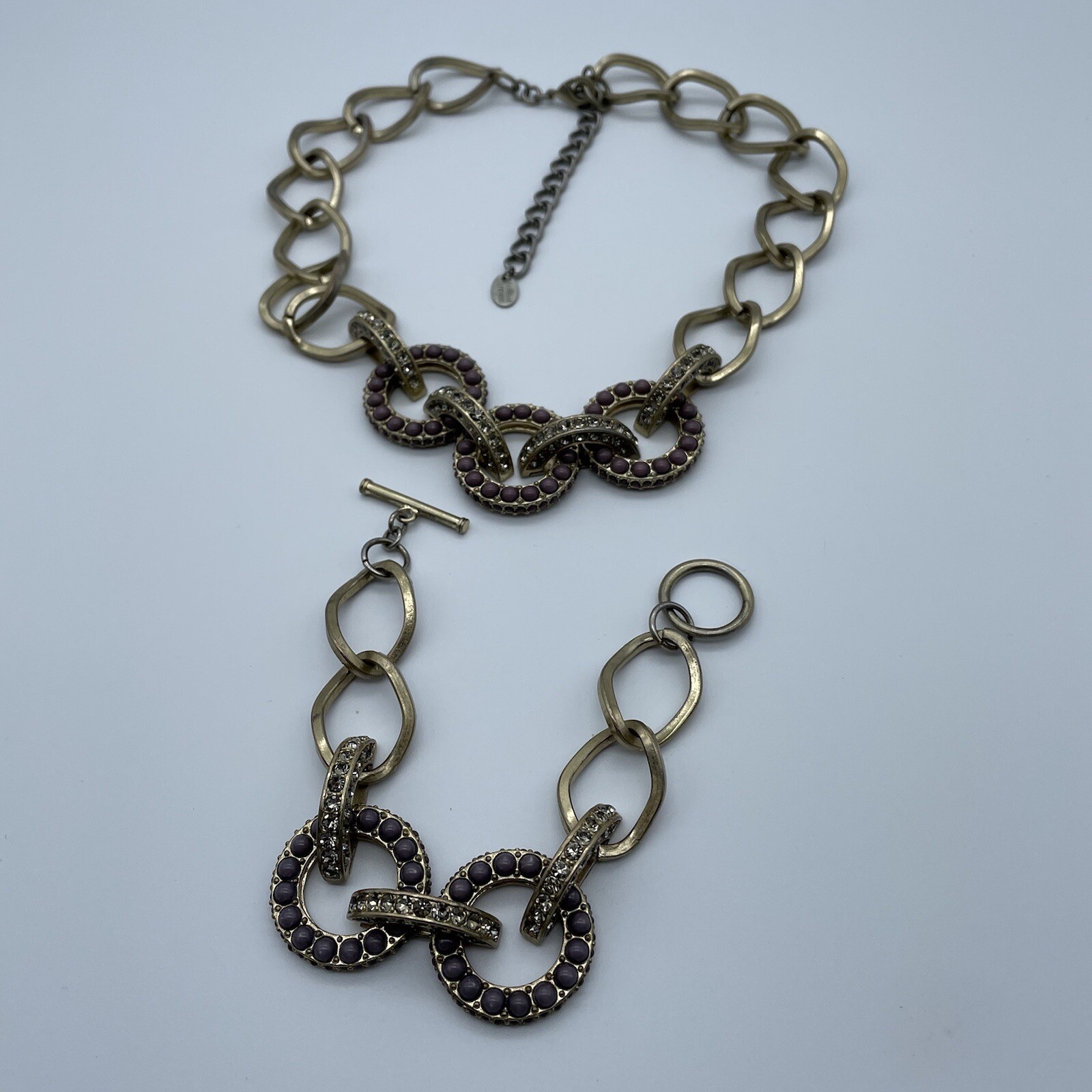 Vtg Danielle Stevens Brass Chain Purple Statement Chain Necklace Bracelet Set