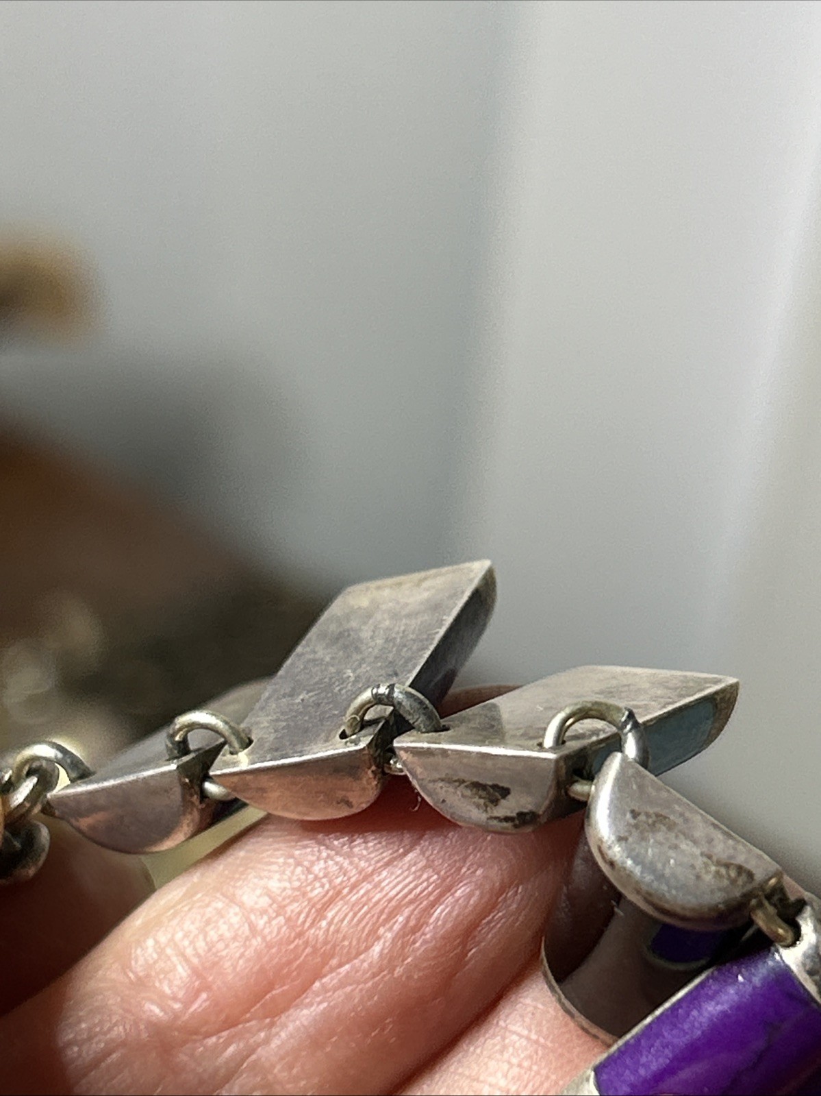 53. Vintage 925 Sterling Inlaid Multi Stone Link Collar Necklace 16″, 57.7g, Mex
