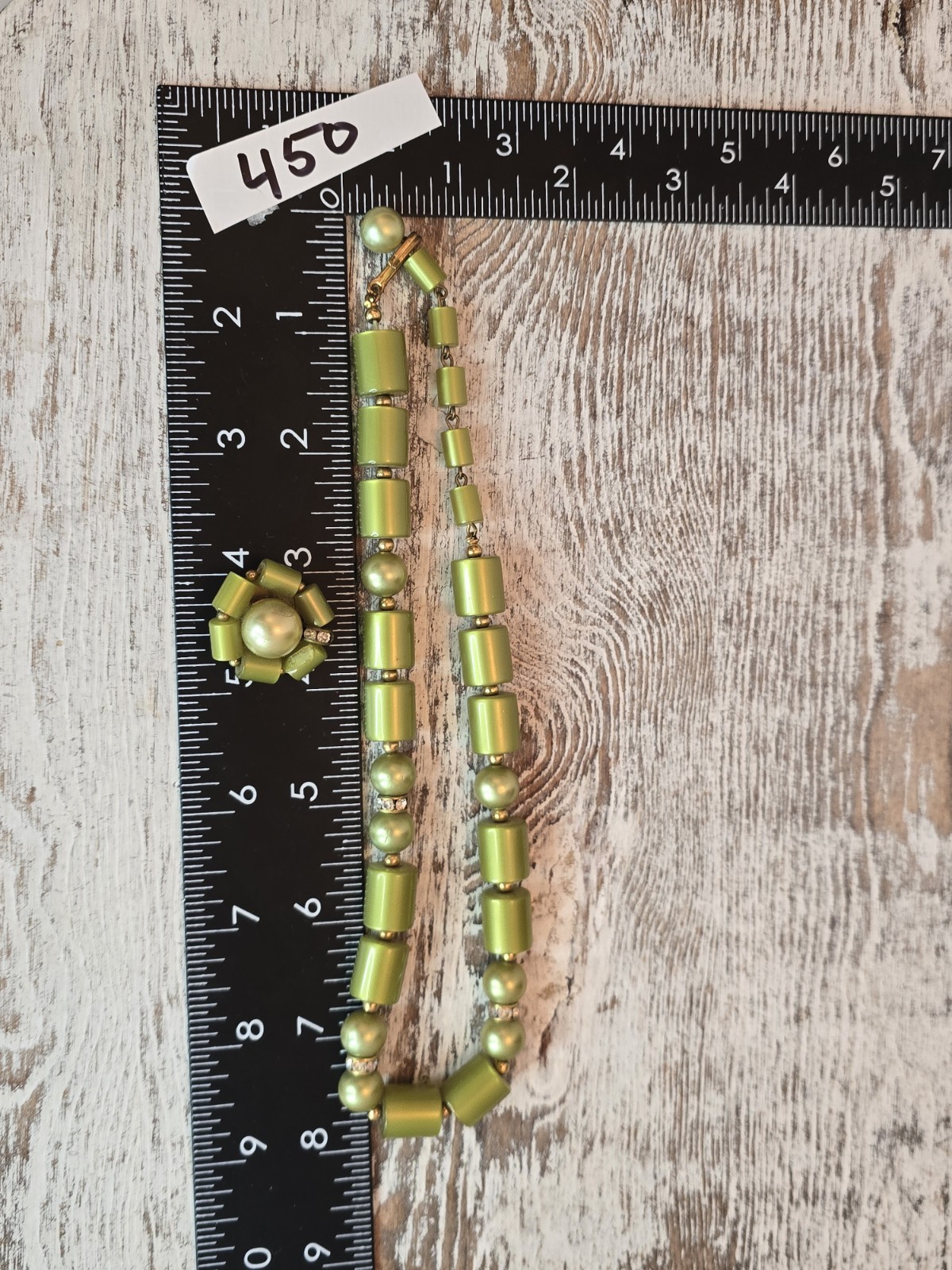Vintage Lime Green Lucite Necklace Clip Earrings Set Rhinestone Spacer 16″ #450