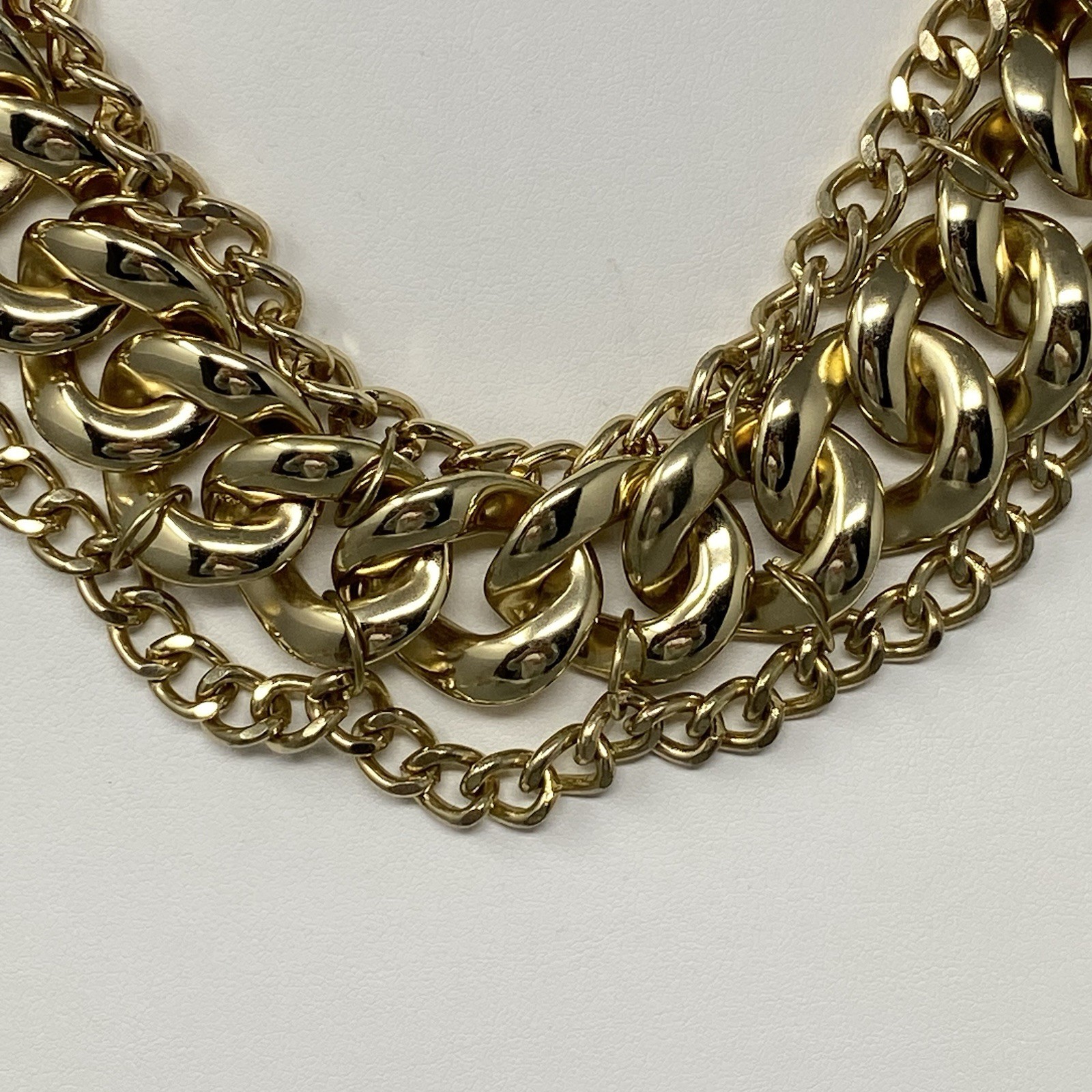Designer Gold Tone Bib Chain Necklace Lightweight Curb Link Statement Collar 17″