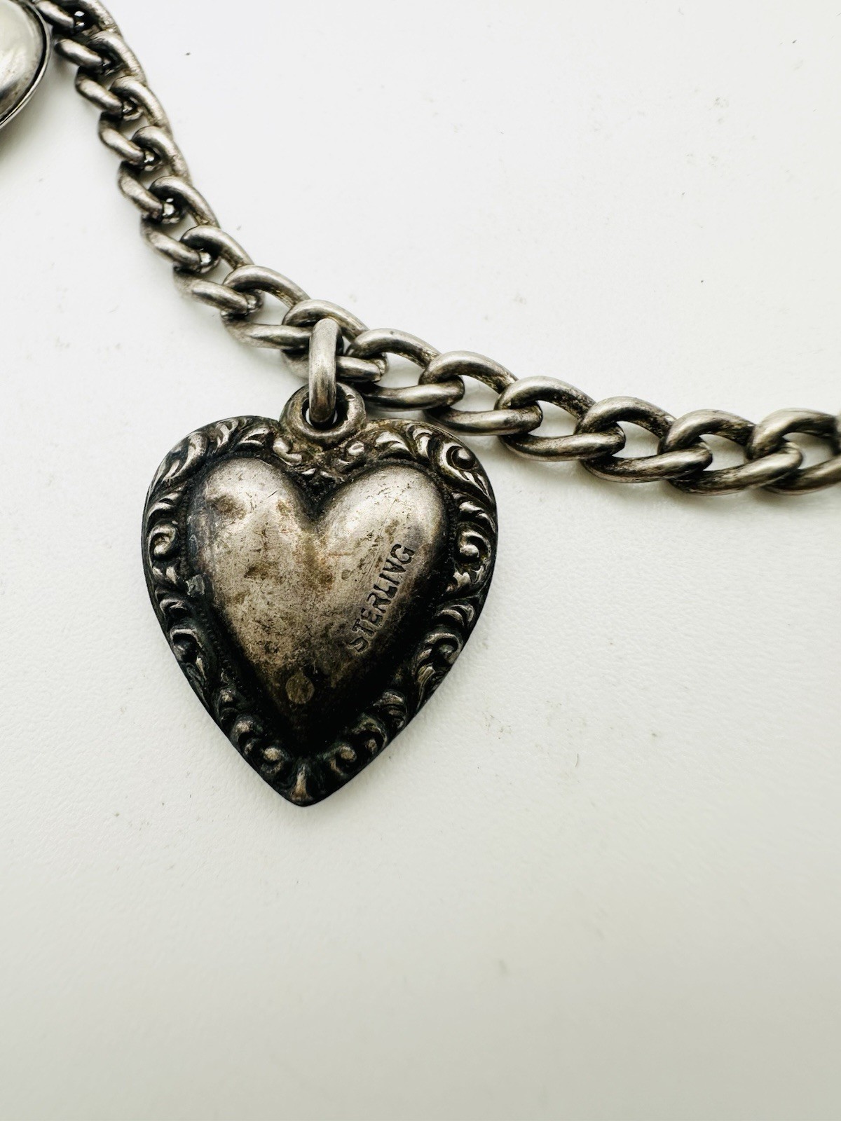 Antique Victorian Sterling Silver Puff Heart Charm Bracelet 7.5”