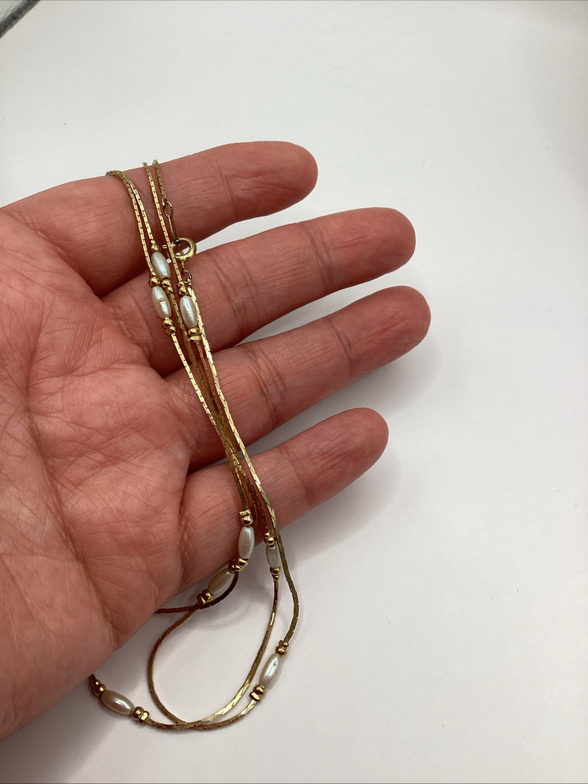 Vintage Gold Tone Bar And Link Station Necklace With White Faux Pearls 30in Long