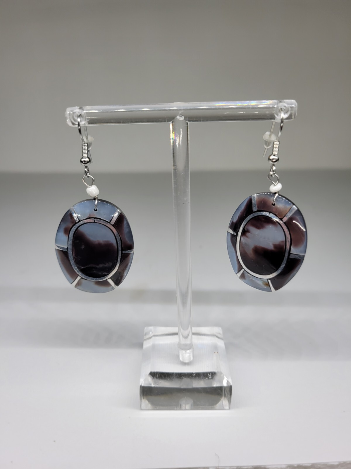 Shell and Metal Mosaic Acrylic Inlay Lee Sands Style Dangle Pierced Earrings