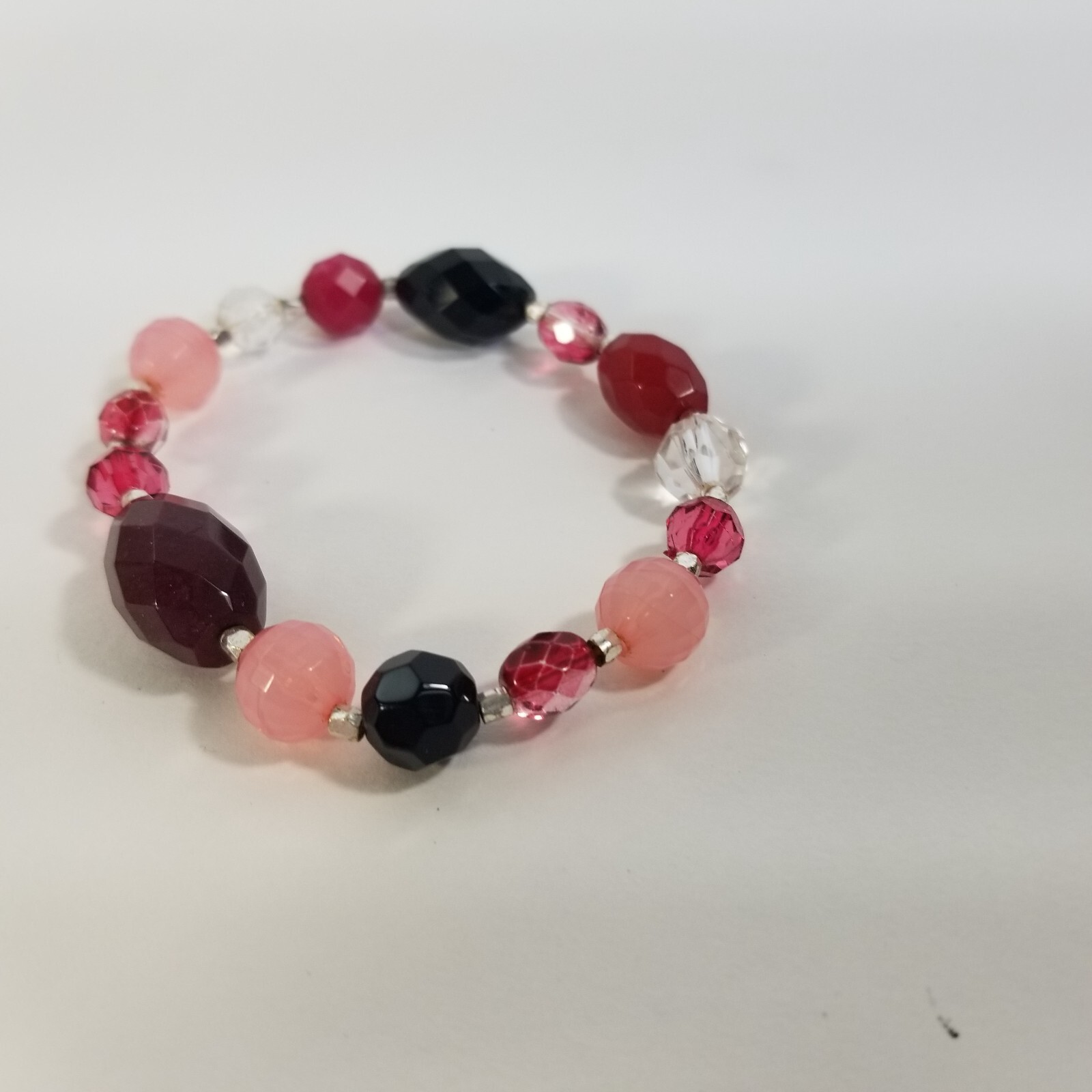 Pink Bead Stretch Bracelet Glass & Lucite SIlver Tone Spacers