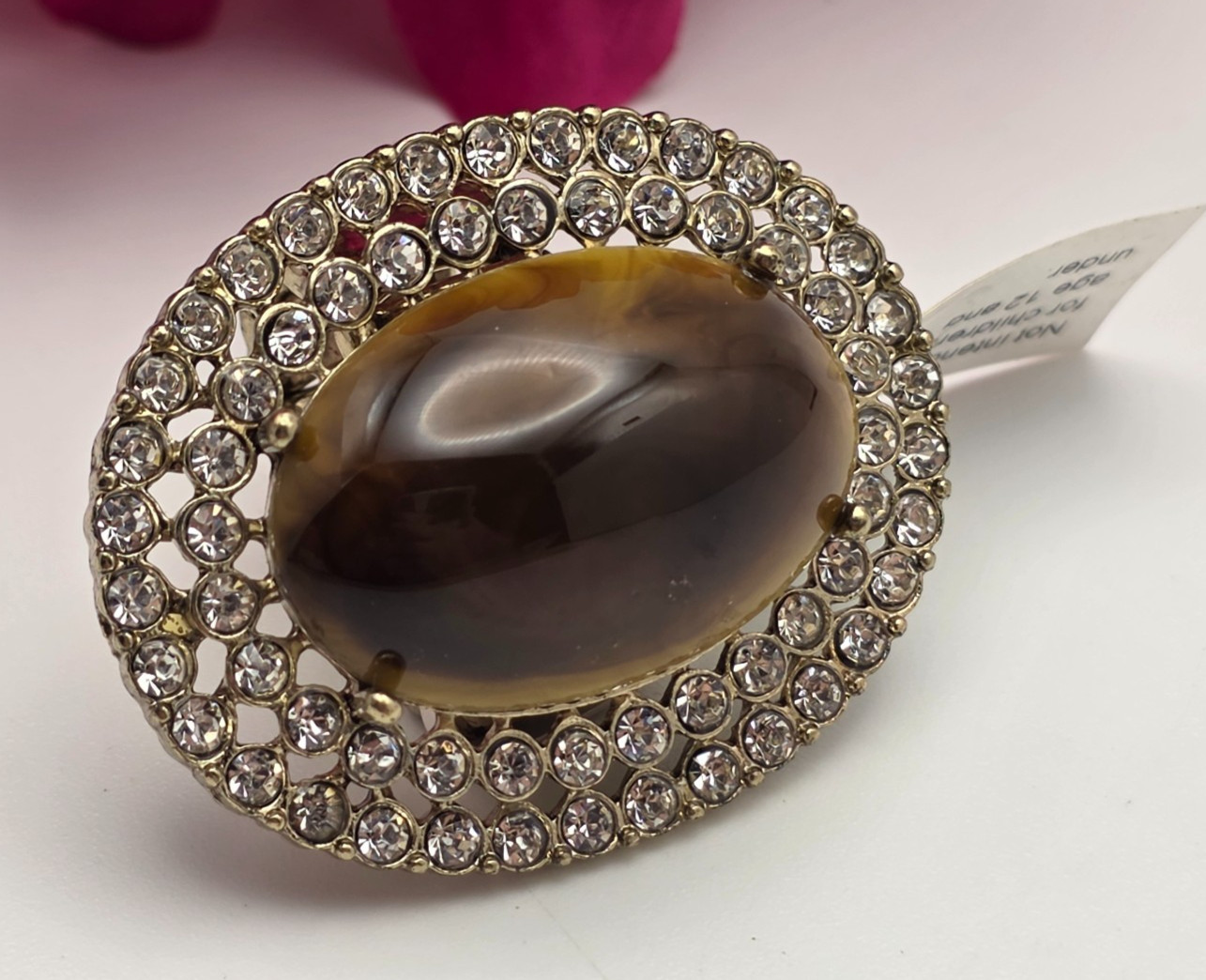 Vintage Tigers Eye Lucite Cocktail Ring Gold Tone Crystal Halo Stretch Band OS