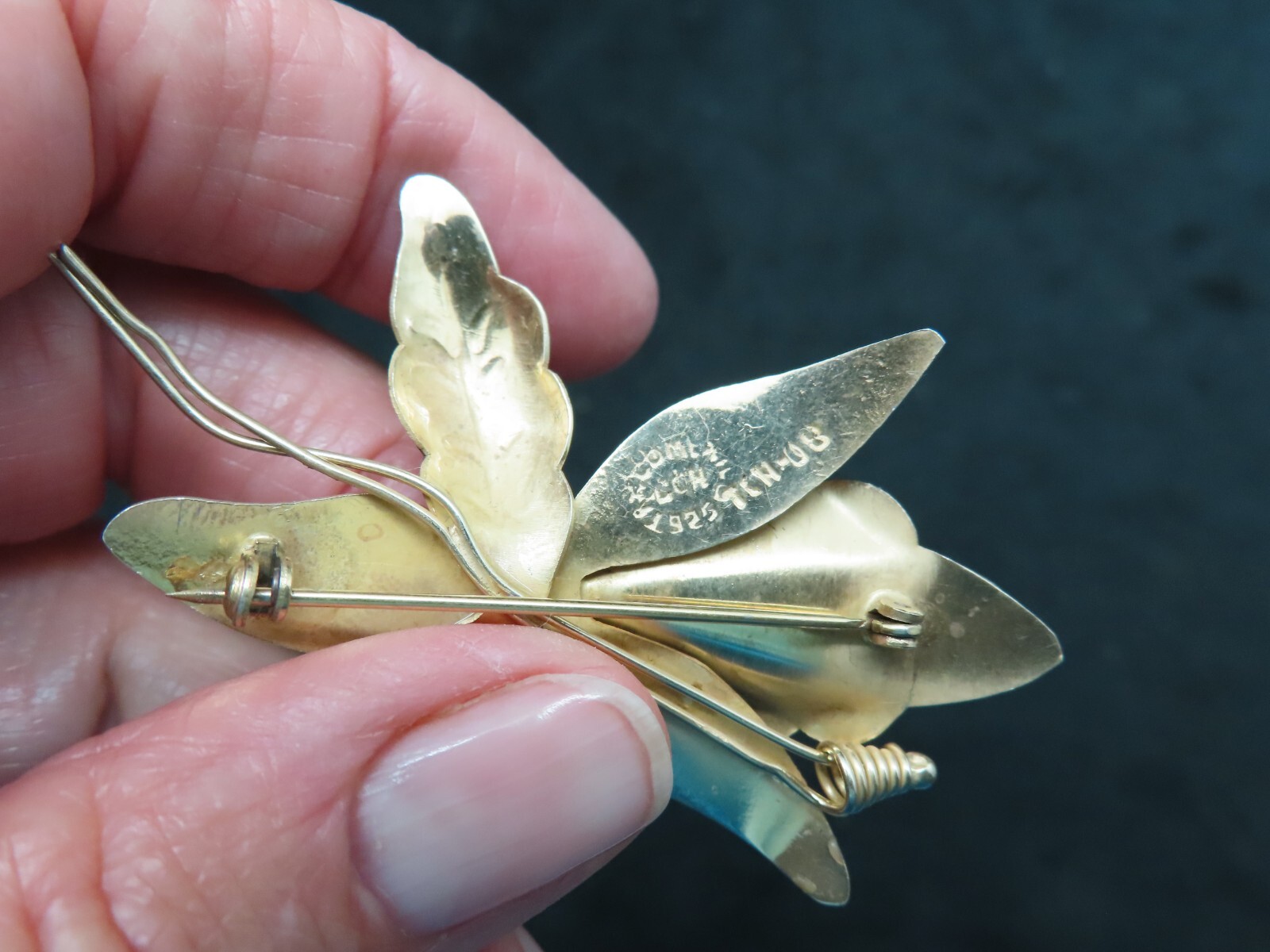 Vtg-Sterling Silver w/Gold Wash 1940’s Orchid Brooch w/Fire Agate TAXCO
