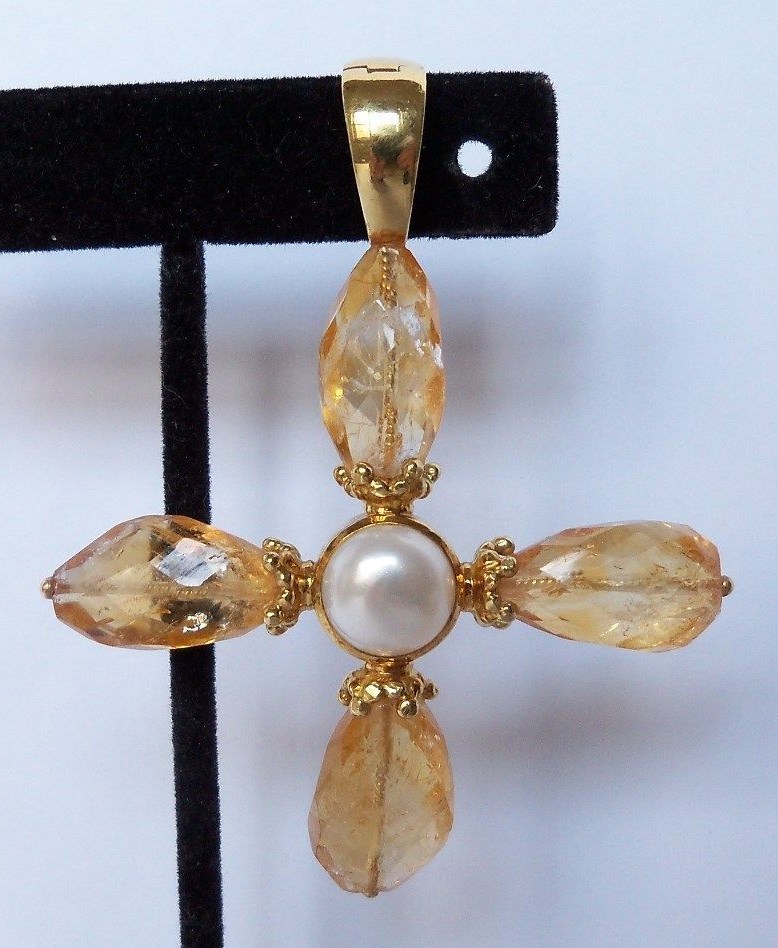 Vintage Mazza MAZ 18k Gold Citrine Pearl Cross Pendant Large Signed 21.4g