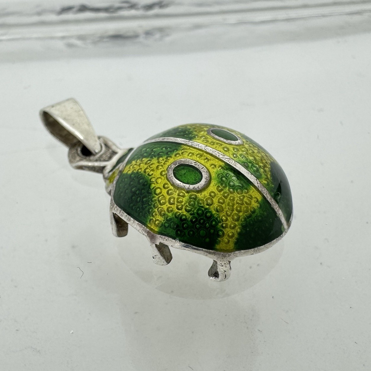 Sterling Silver 980 Bright Green Yellow Beetle Bug Pendant Signed A. Maya Mexico