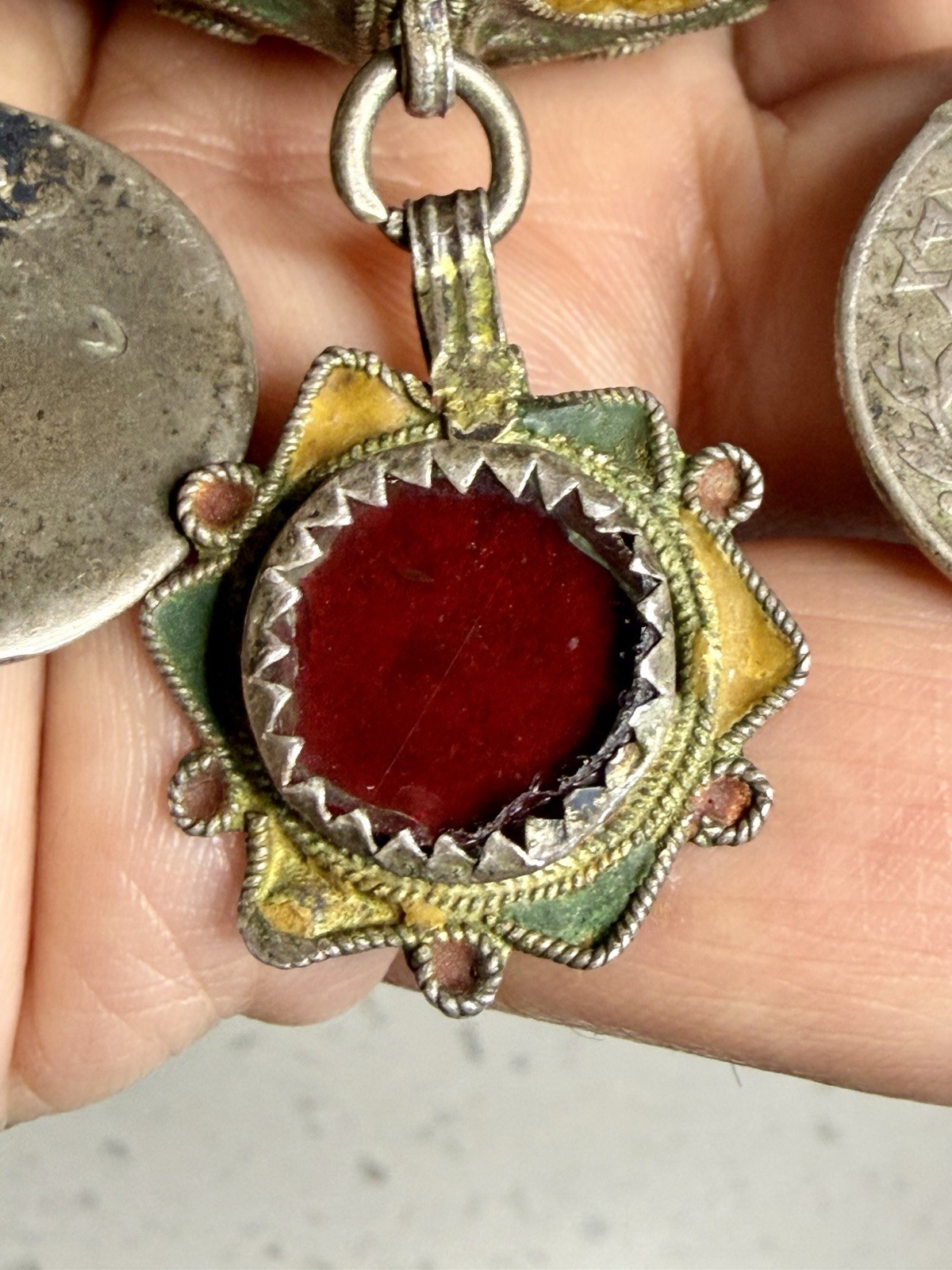 Antique Moroccan Enamel Silver Ball Pendent Necklace Coin Pendants Hand Crafted