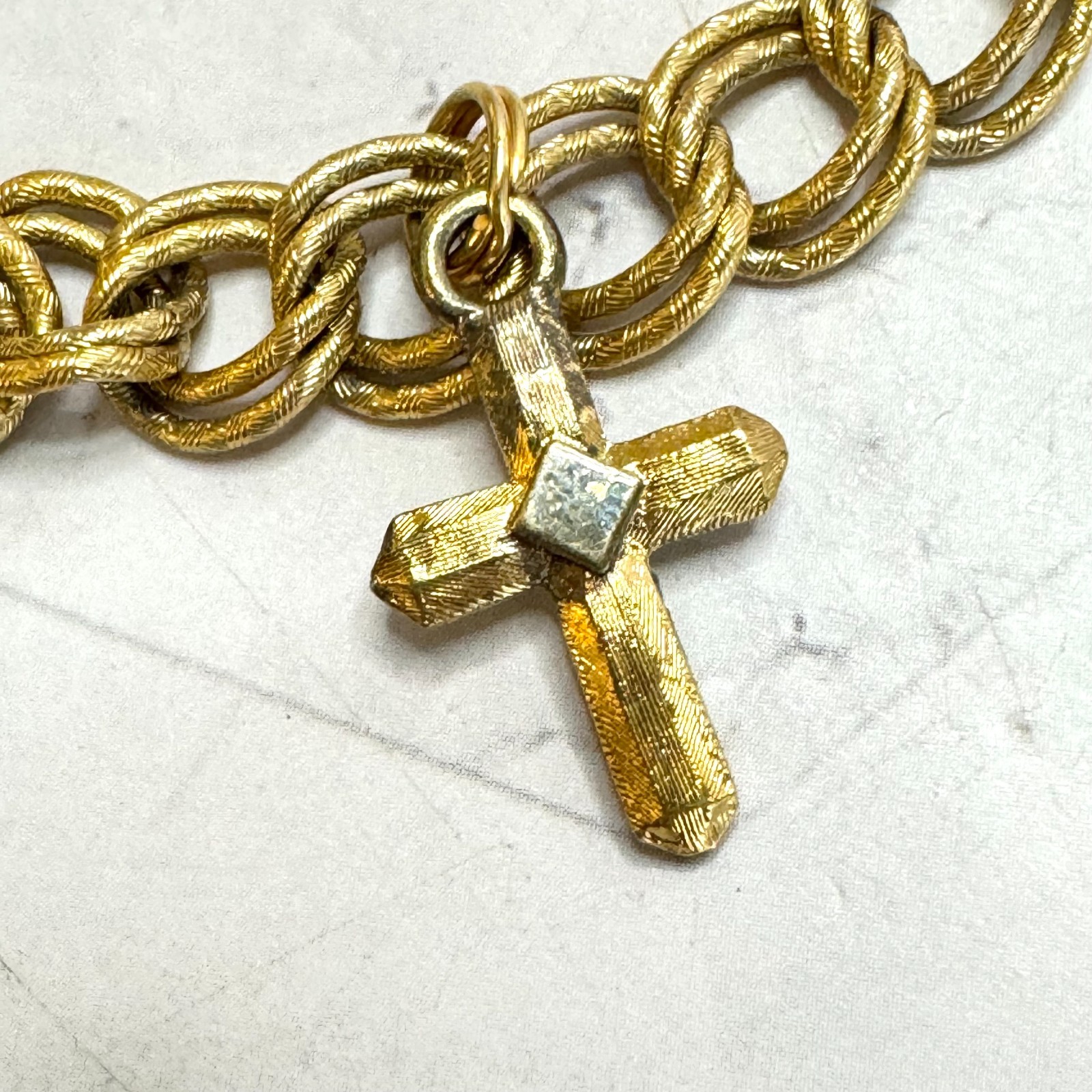 Vintage Monet Charm Bracelet Gold Tone Double Link 6 Charms Globe Kitten Cross