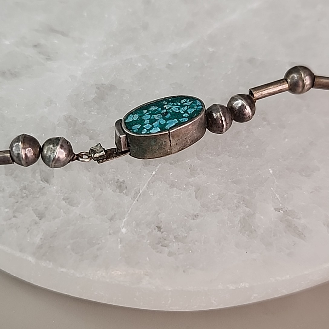 Vintage Mexican Necklace Sterling Silver Turquoise Chip Inlay Fringe Eagle 2