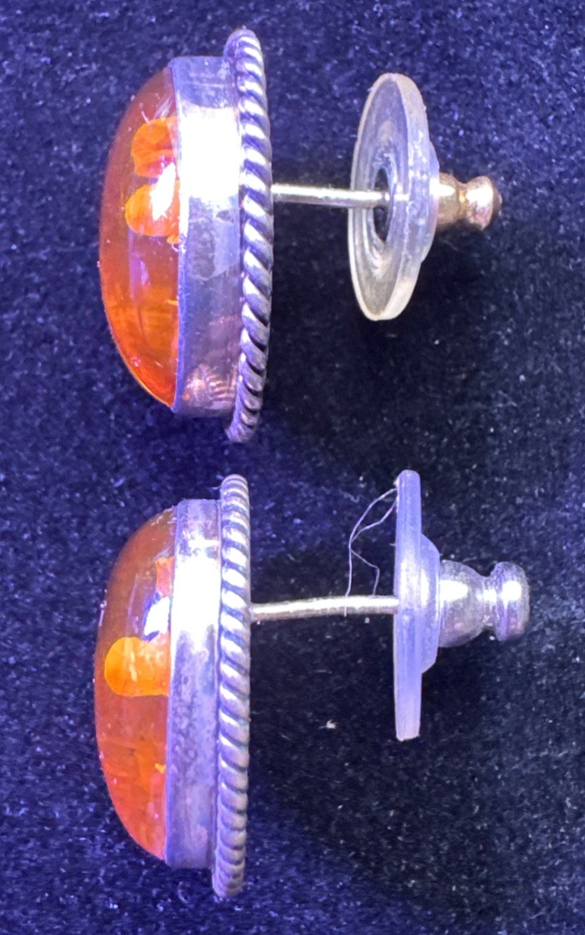 925 Sterling Silver Merav Signed Amber Resin Oval Carved Flower Pierced Earrings