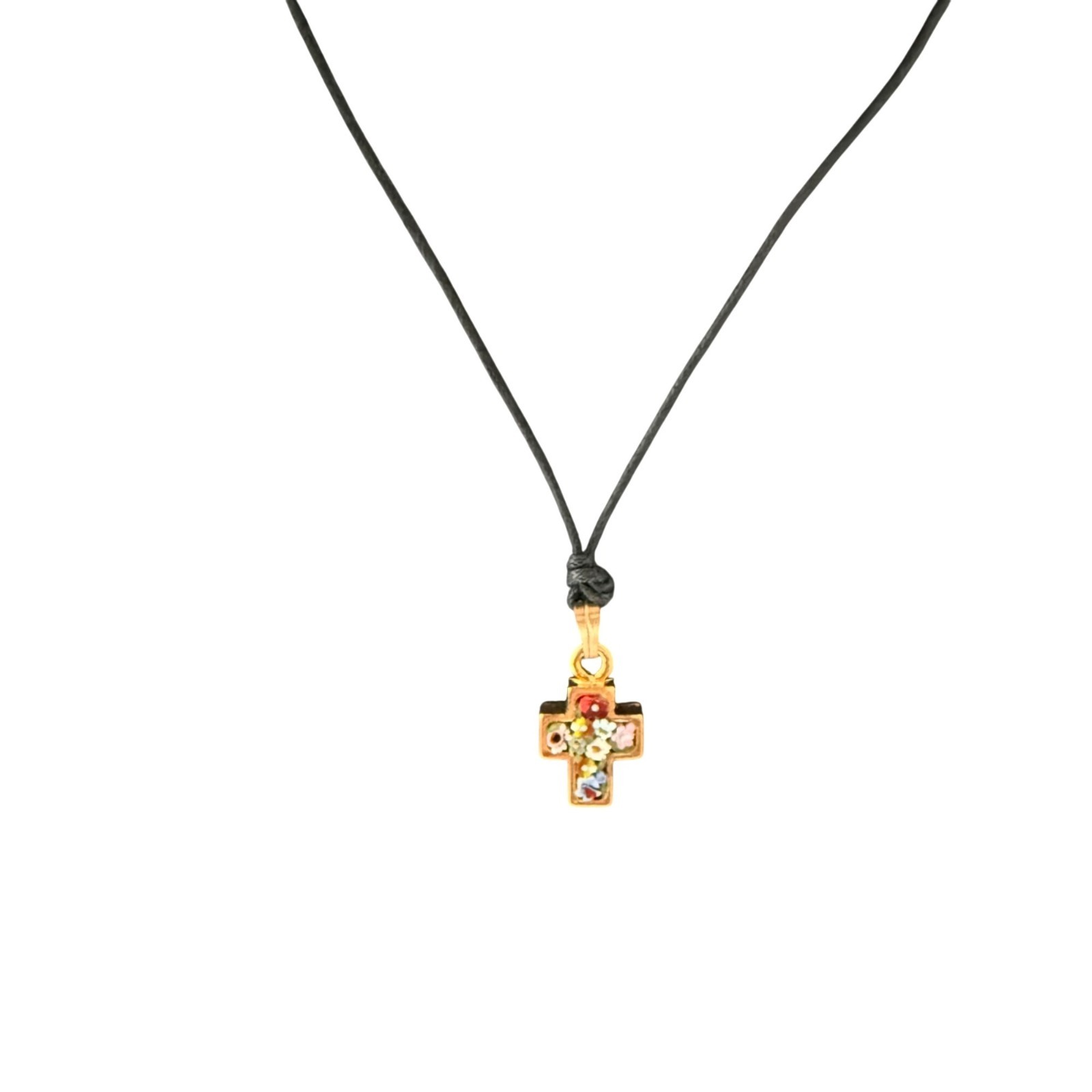 Vintage Necklace Handcrafted Italian Mosaic Cross Pendant Black Cord 22 inches
