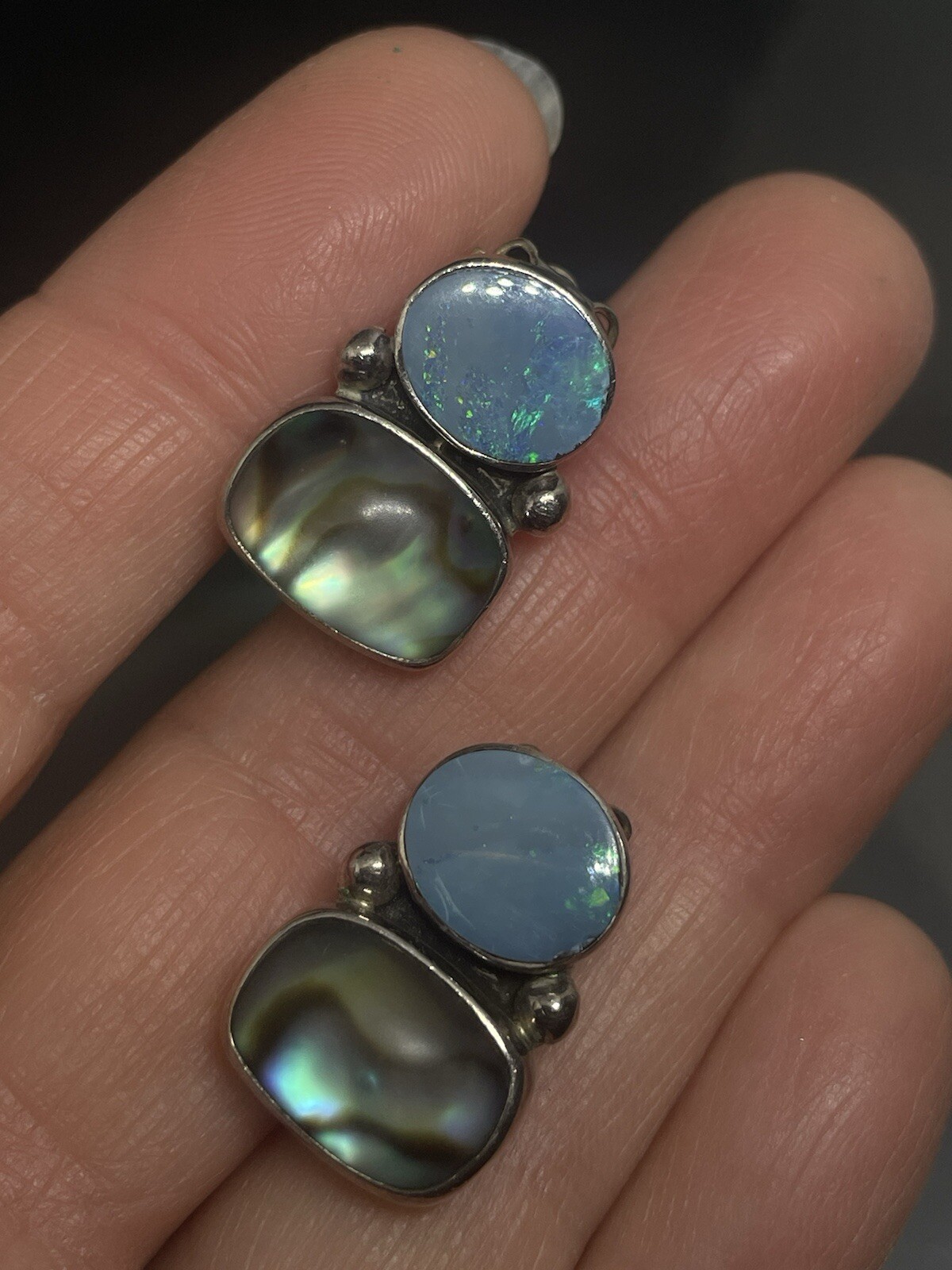 Amy Kahn Russell AKR Sterling Silver 925 Blue Opal Abalone Drop Clip On Earrings