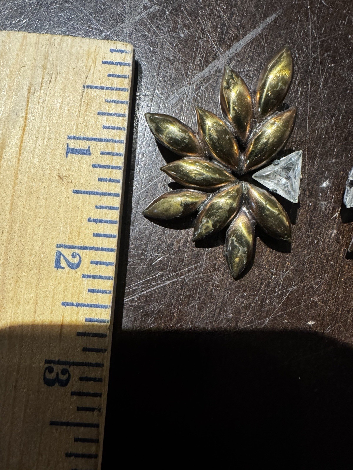 Vintage Brass Leaf Starburst Clip On Earrings Trillion Cut Rhinestone Cluster