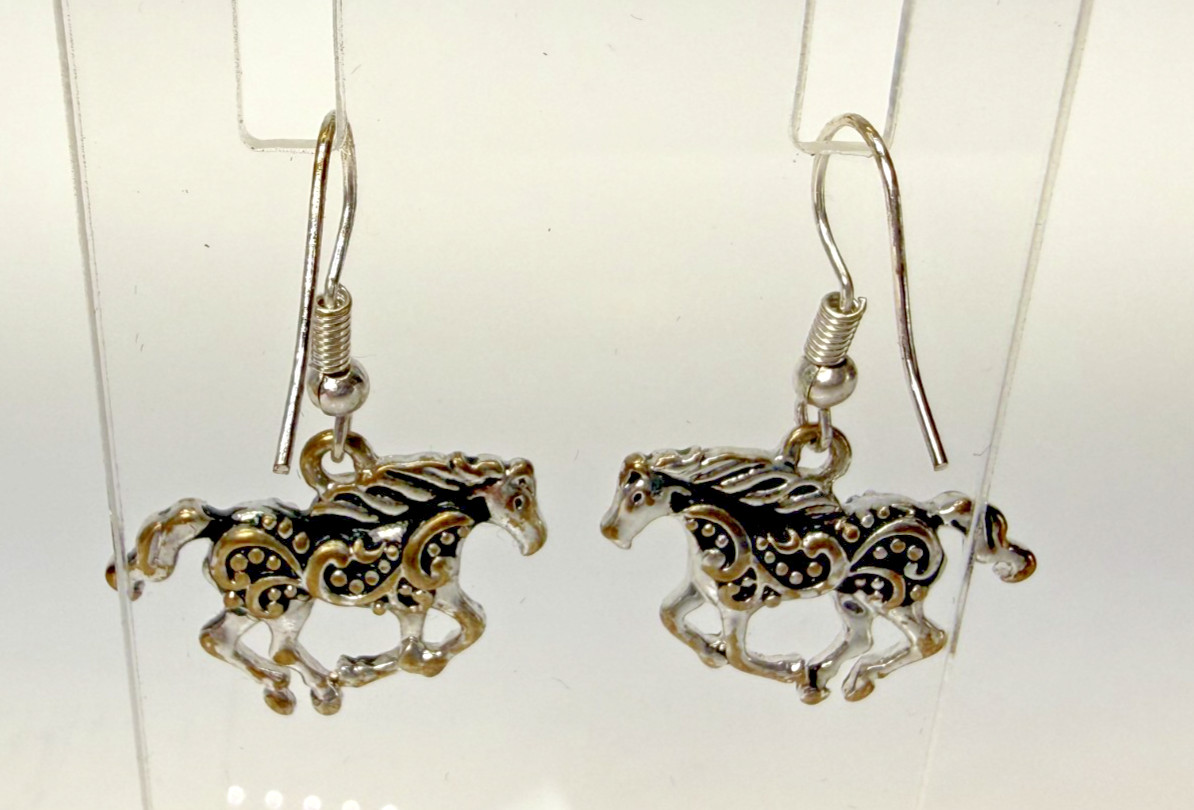 Silver Tone Equestrian Horse Galloping Dangle Earrings