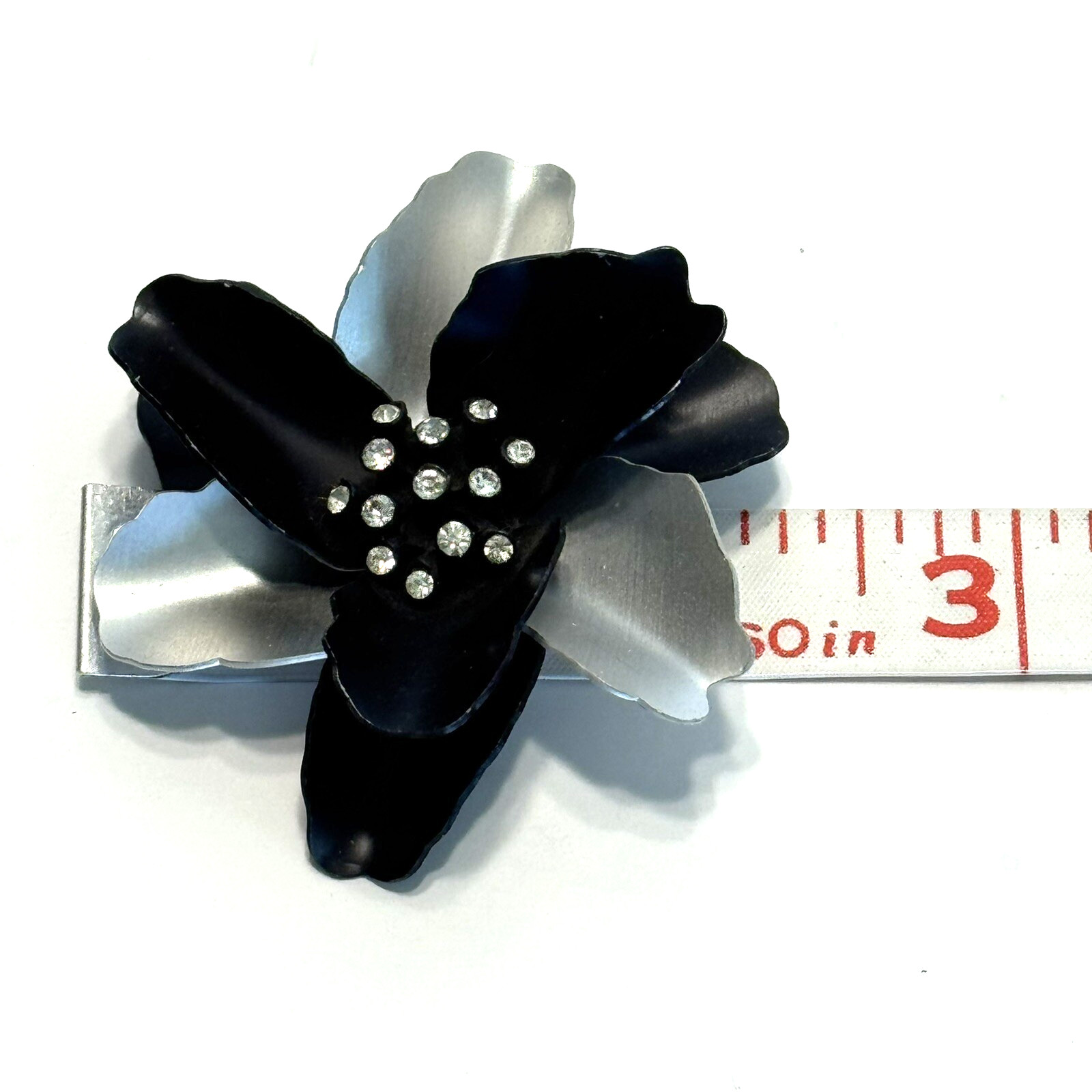 Vintage Black and Silver Flower Brooch Enamel Layered Petals Clear Rhinestones