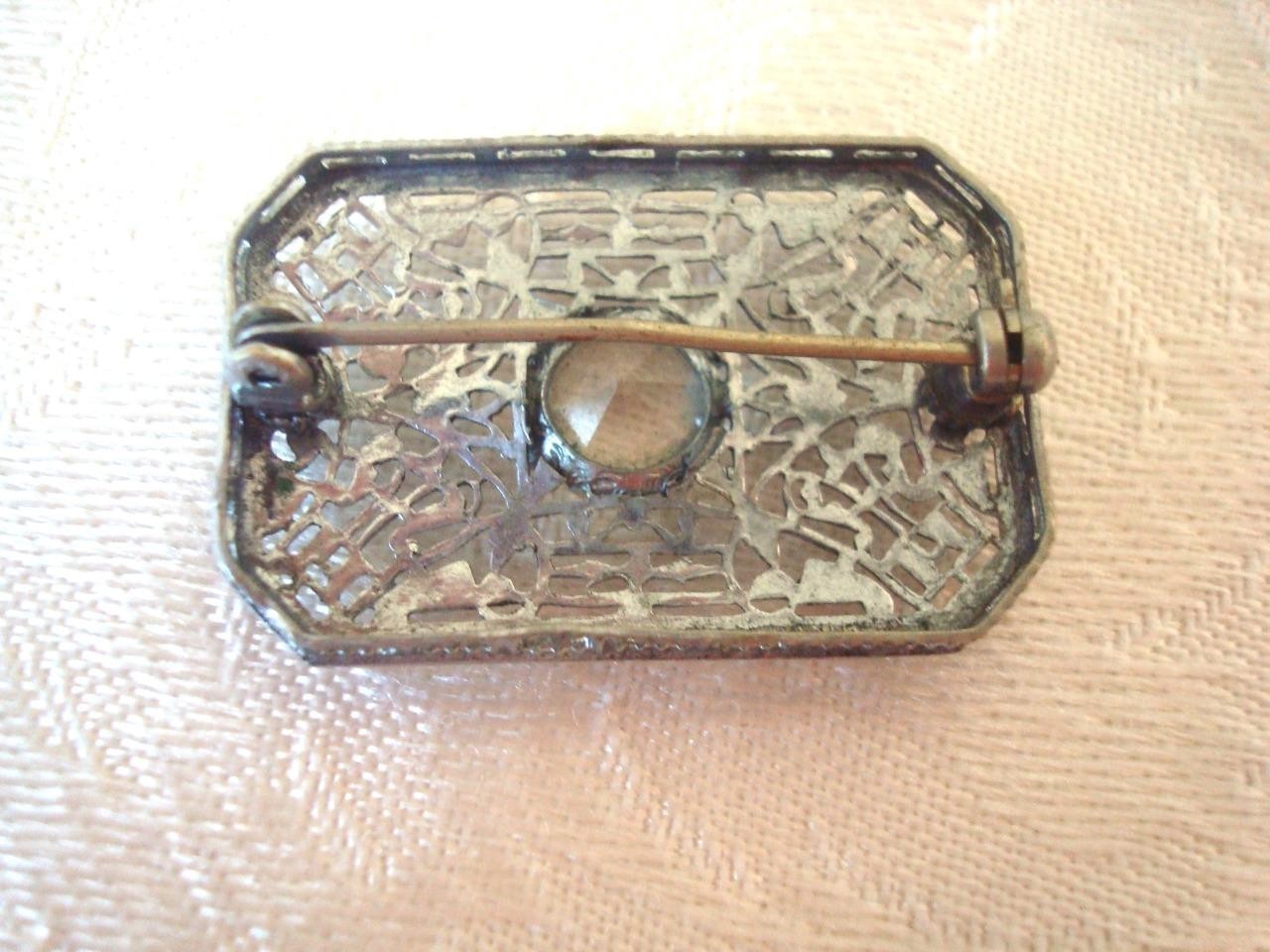 Art Deco Silver Color Filigree Pin Brooch Clear Rhinestone 7/8 x 1 1/4 In. KJ