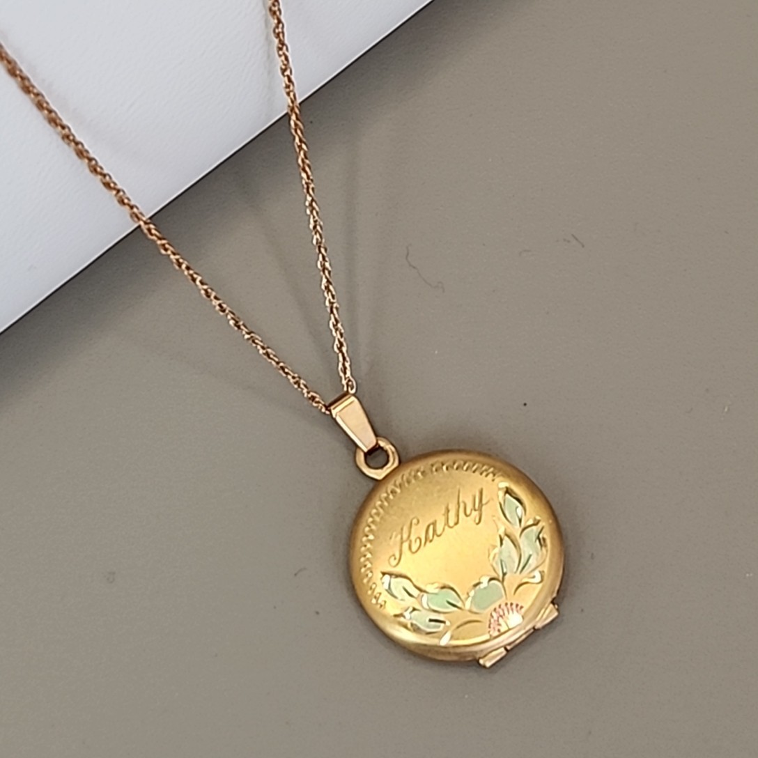 Vintage Locket Necklace Etched Kathy Gold Filled Enamel Accents 18″