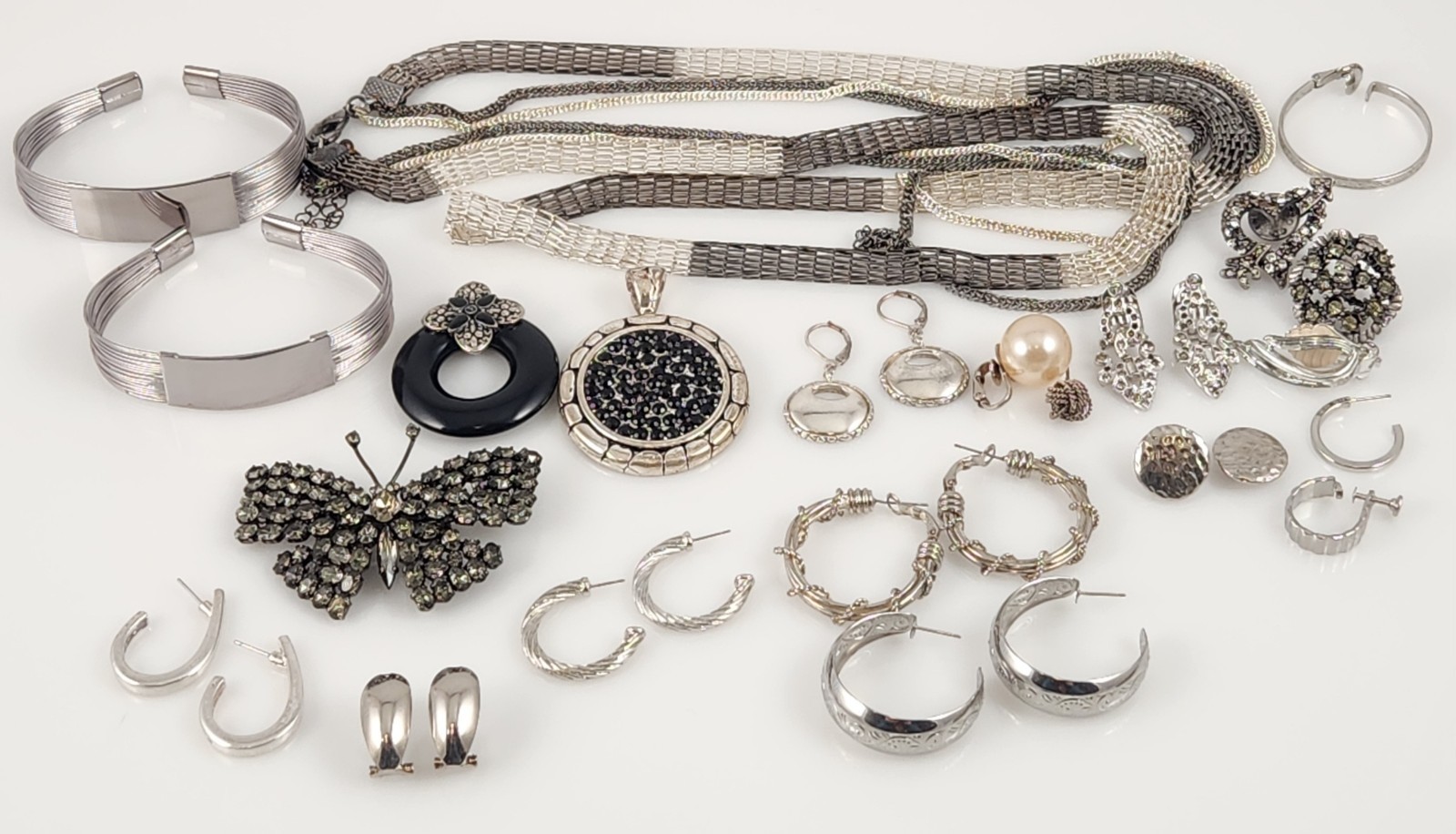 Vintage Silver Tone Jewelry lot butterfly brooch chain earrings bracelets crafts