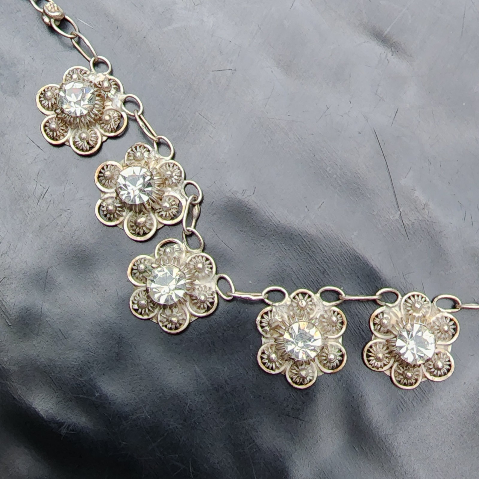 NO CLASP Sterling Silver 925 Filigree Flower Crystal Choker Collar Necklace 15IN