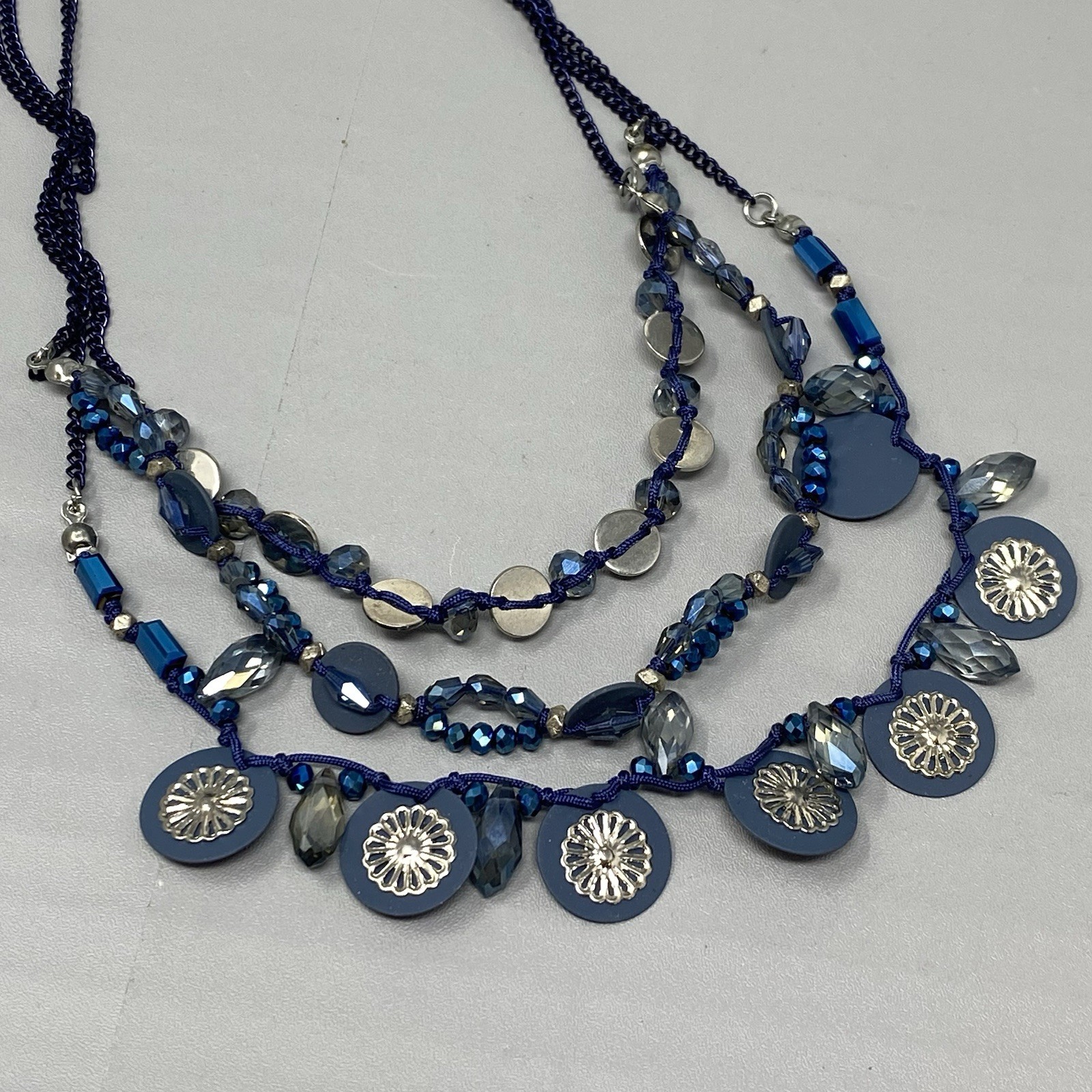 Blue Fringe Glass Beaded Necklace Layered Enamel Faceted Coated Bohemian 18″