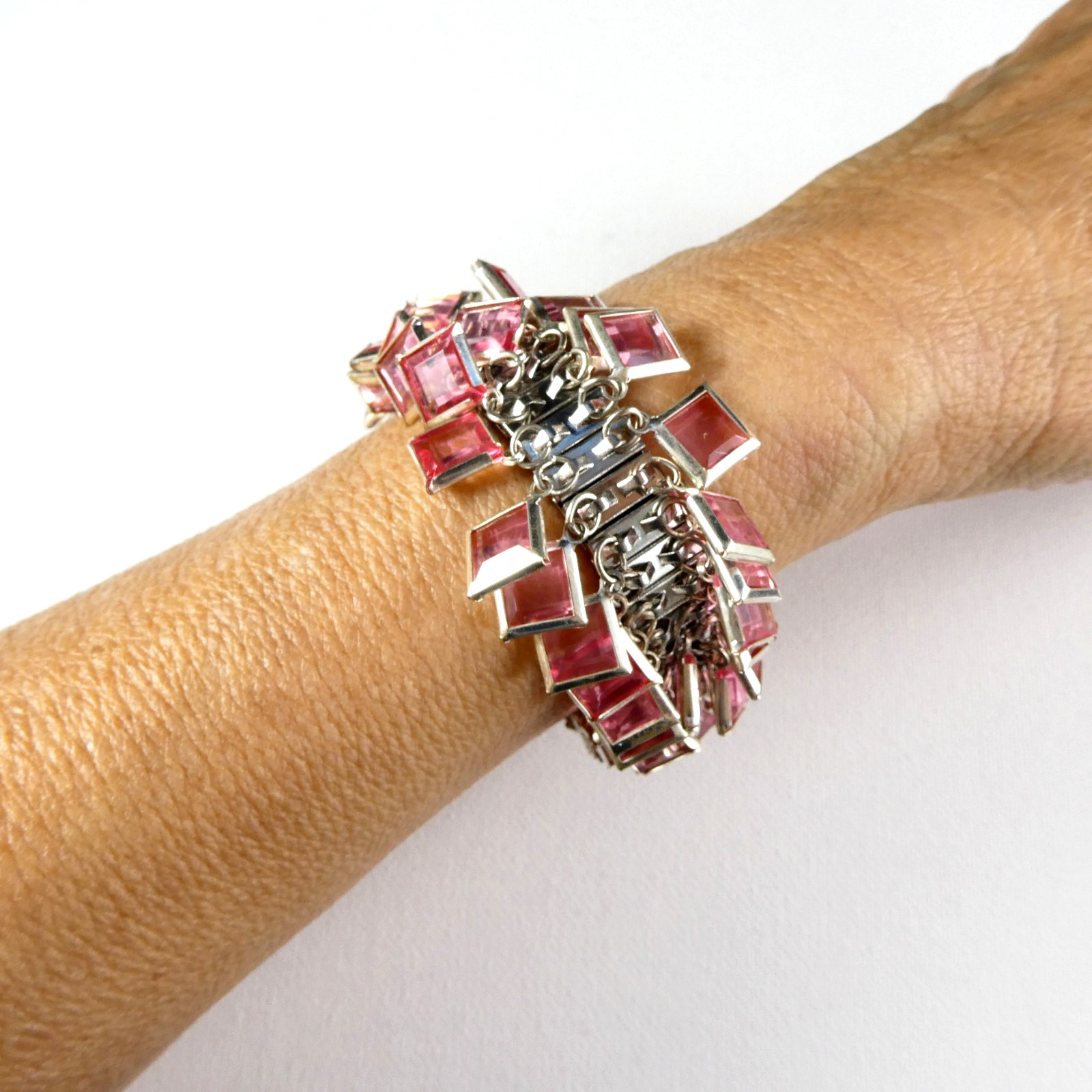 Vintage PINK Square Faux Crystals CHA-CHA Bracelet Silver Tone Expansion Stretch