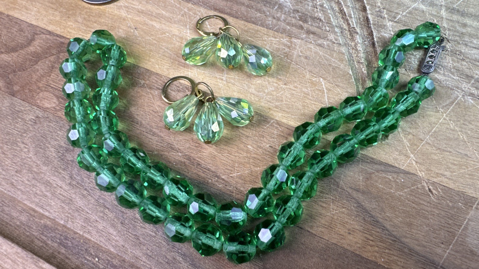 Emerald City Green Crystal Glass Choker Necklace 835 Silver Clasp w/Earrings Set