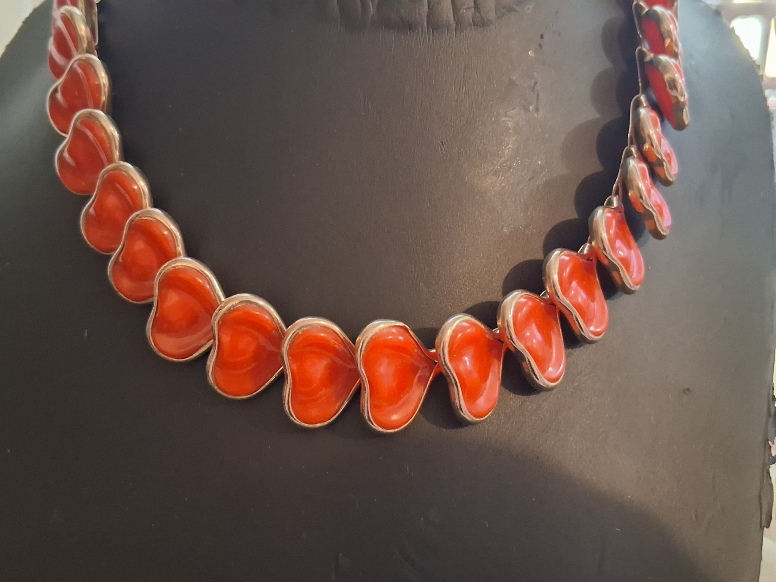 Vintage red celluloid stylized leaf abstract necklace, 16″, articulated
