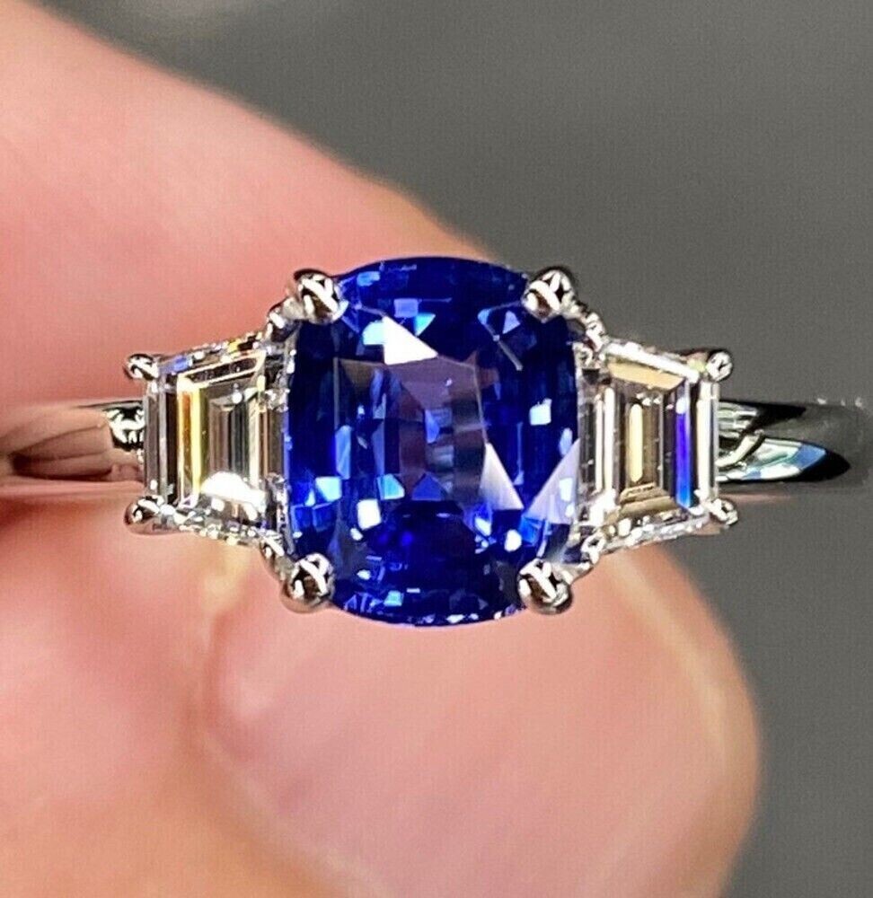 Cushion Cut Sapphire & Lab Created Diamond Three-Stone Wedding 925 Silver Ring