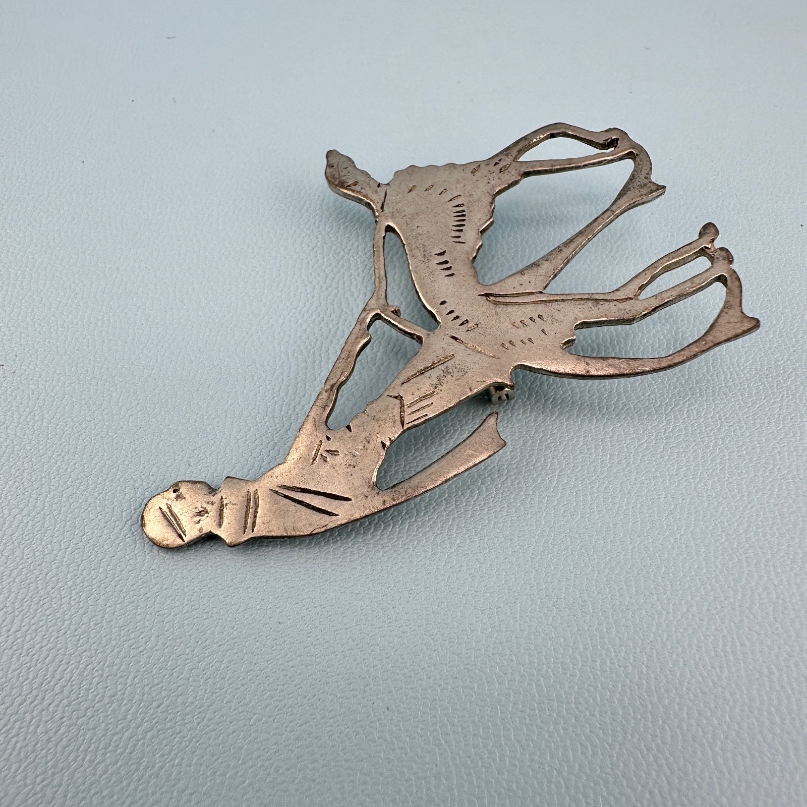 Vintage Brooch Vogue Magazine Art Deco Flapper Lady Walking Dog Silver Tone