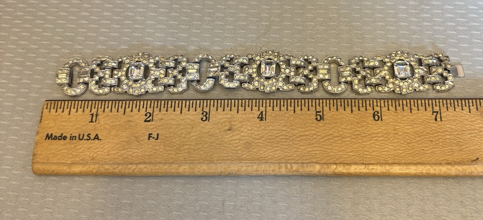 30s Art Deco Rhinestone Bracelet Baguettes Emerald Cut Crystal Pot Metal 7″