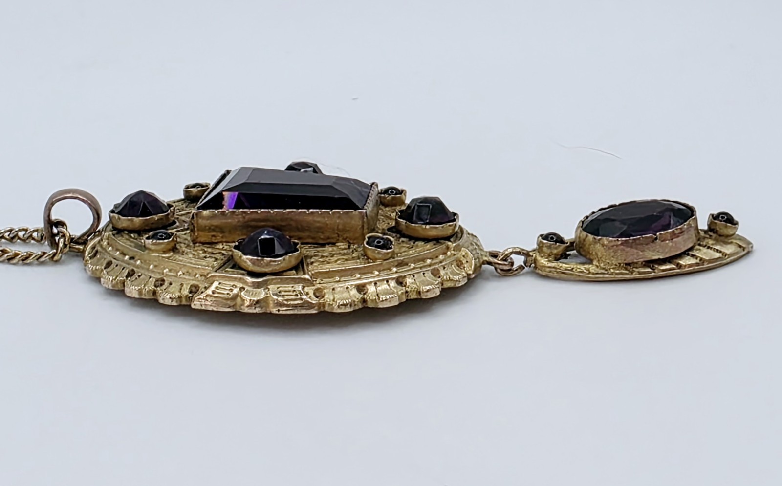 Antique Austro Hungarian Floral Filigree Lace Pendant Necklace Purple Glass