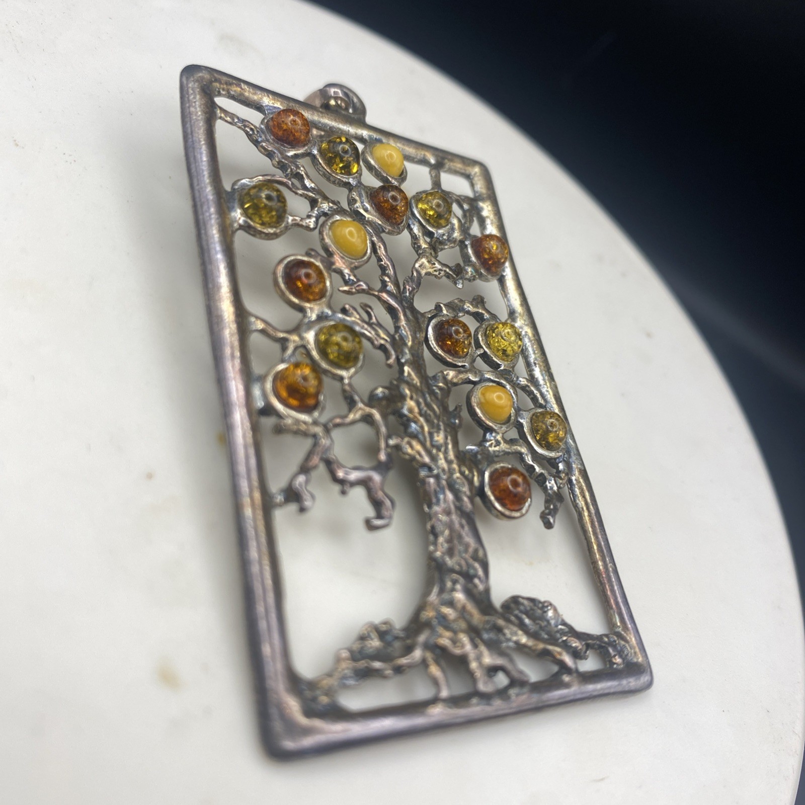 Large 2.5” 925 Sterling Silver Genuine Baltic Amber Tree of Life Pendant Vintage