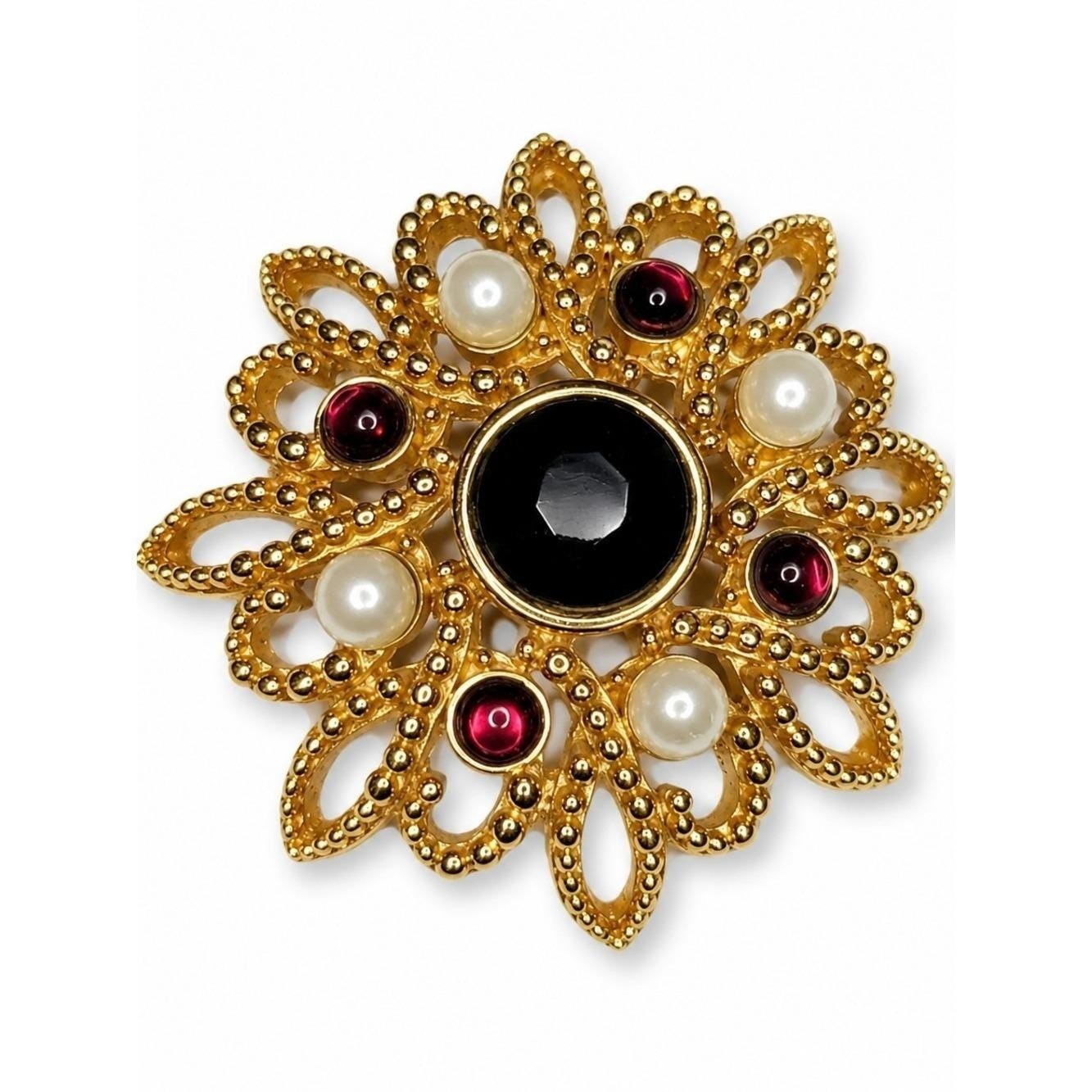 Vintage Monet Gold Tone Faux Pearl Black Cabochon Brooch Ornate Filigree