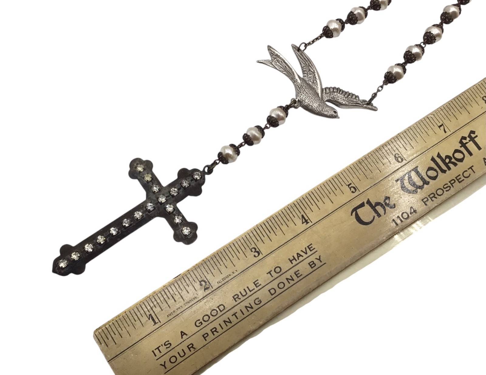 Vintage Faux Pearl Cross Pendant Necklace, Rosary Style, Gothic Victorian