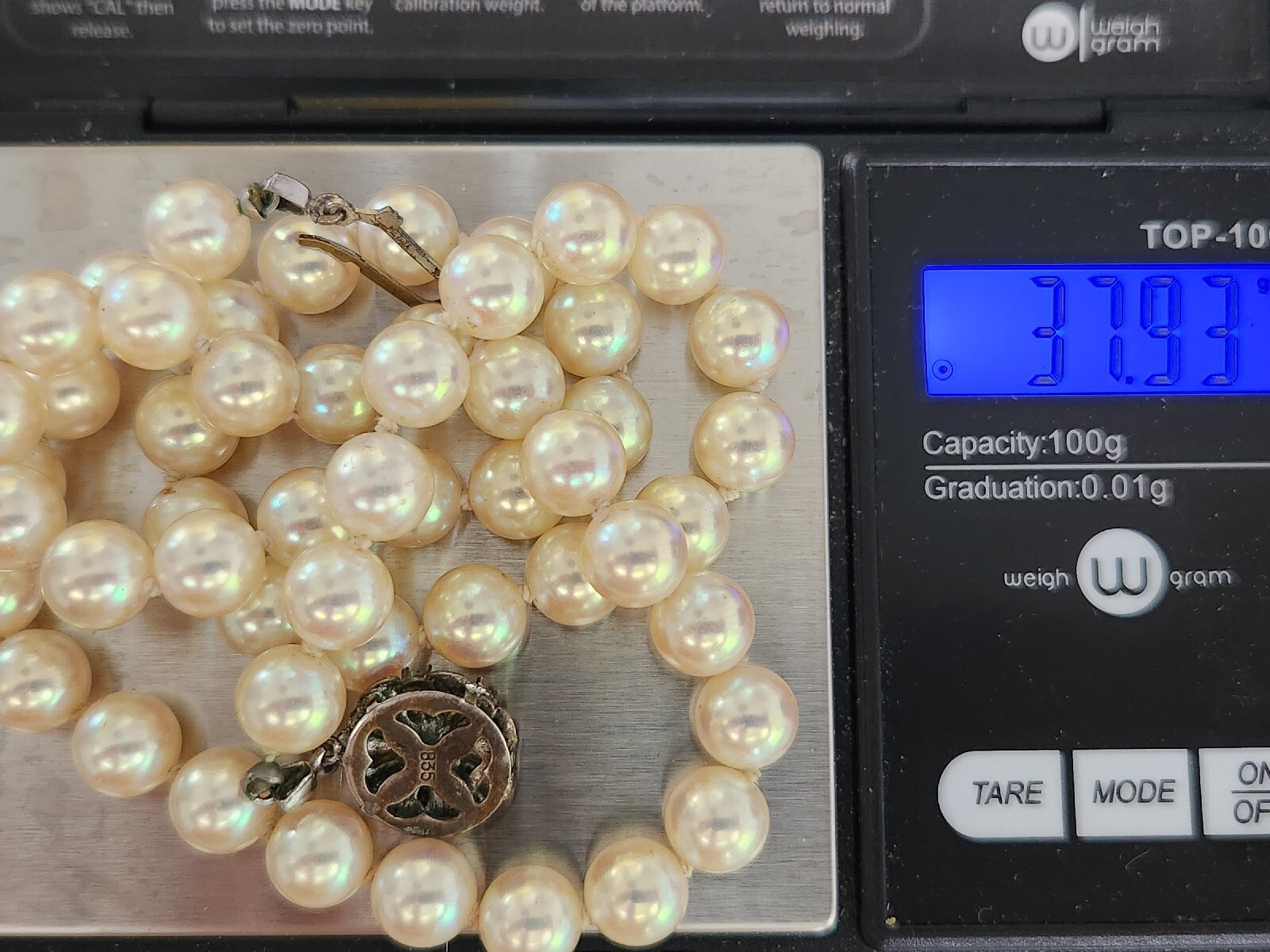 Heavy Hand-Knotted Faux Pearl Necklace 19″ Sheen 8mm Hook Clasp Marked 835 VTG